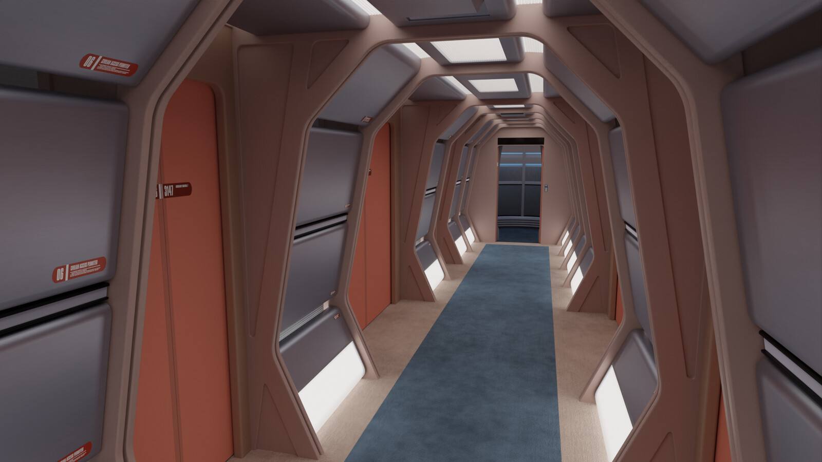 
Being one of the most iconic locations in TNG, I spent a lot of time making color matching every inch of these scenes. From the carpeting to the diffused lighting, everything was compared against real-world photographs every step of the way.