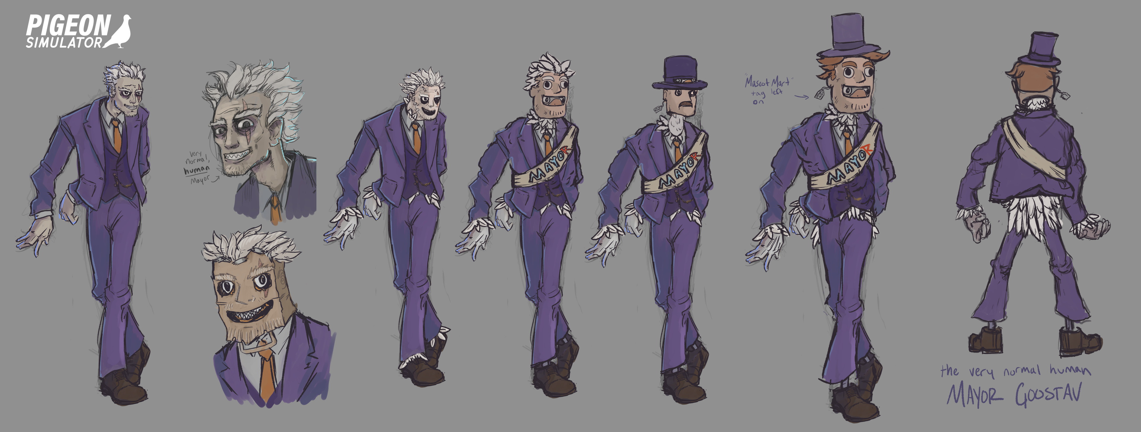 I worked with the writing/narrative team on iterating this guy's concept quite a bit! What started out as a more figurative "human suit" became a (first scary, then goofy) poorly-made, literal human costume - I decided to go with a big fun mascot head.