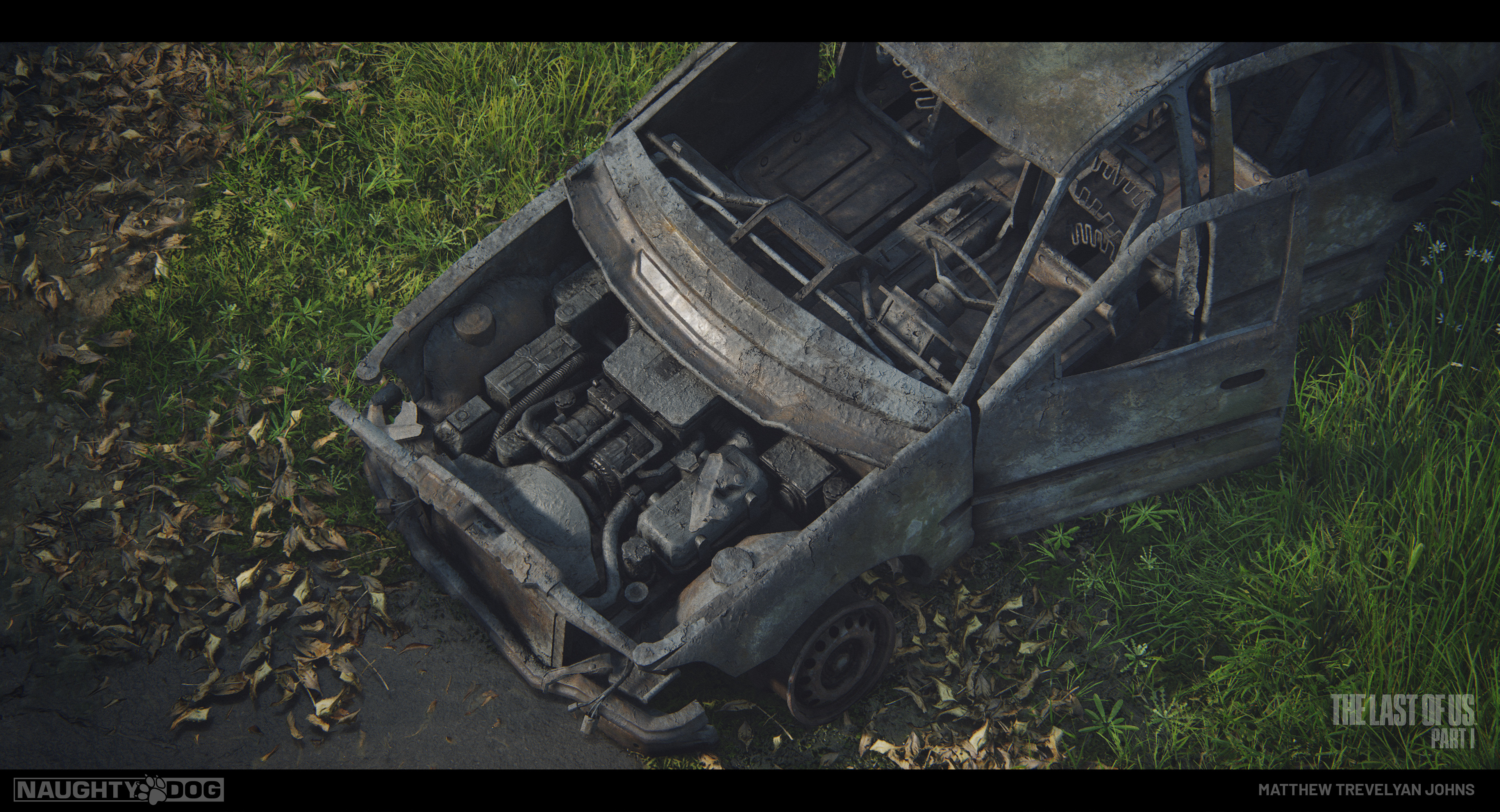The 'burned-shell' vehicles required a different pipeline and shader setup. I never spoke about it before but it was extremely challenging to put together. These skeletons of long burned vehicles would litter the world of The Last of Us: Part I