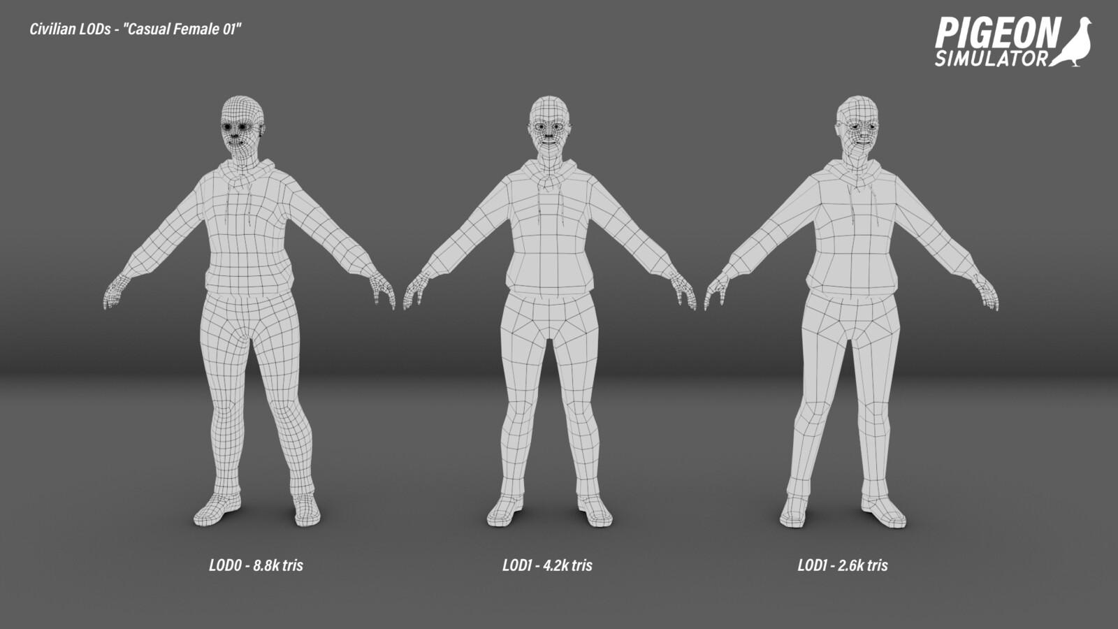 Each Civilian model has 3 Levels of Detail - when far away, their lower LODs will replace their LOD0/primary model for the sake of performance. 