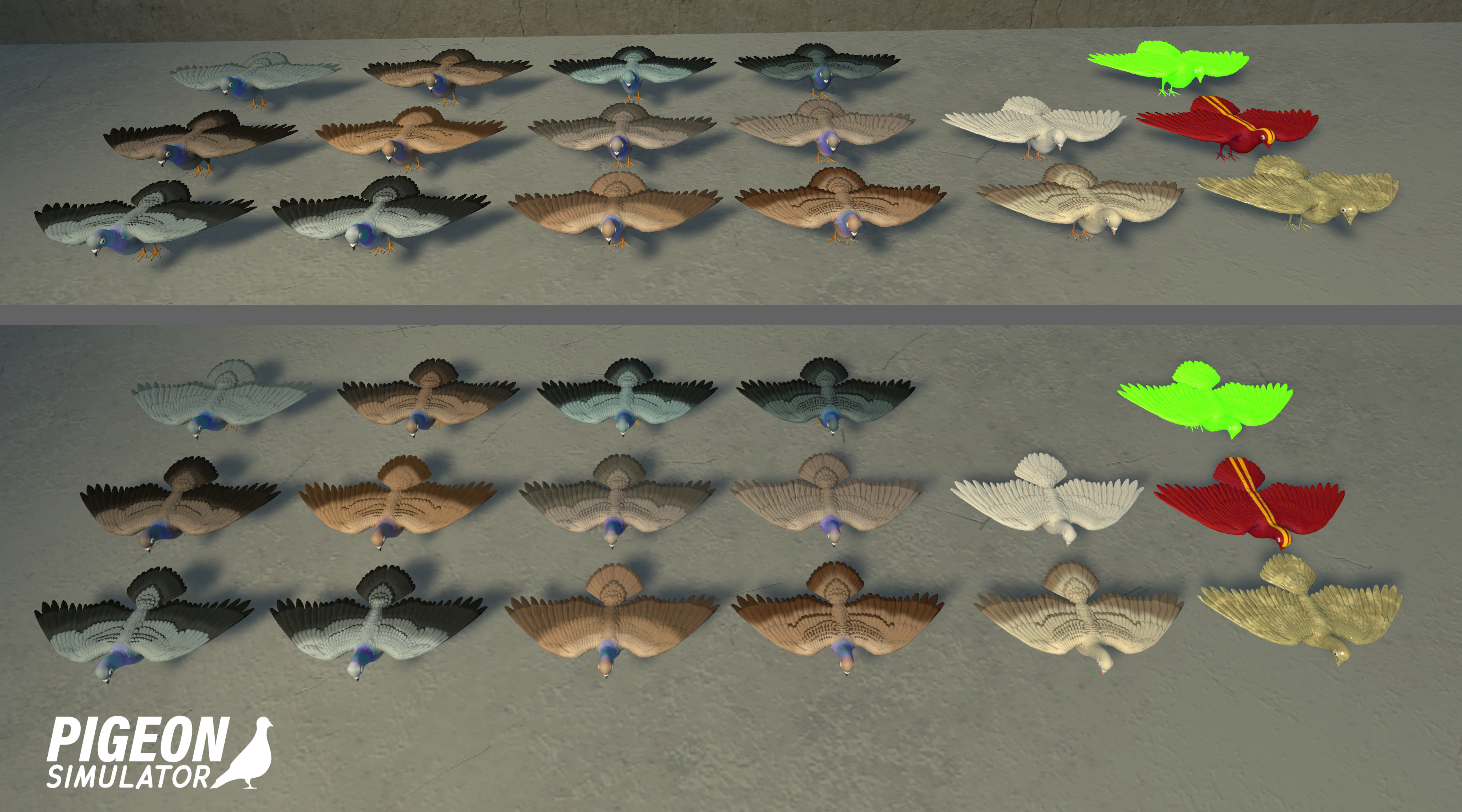 Feather color material swaps I made for our player character model. 