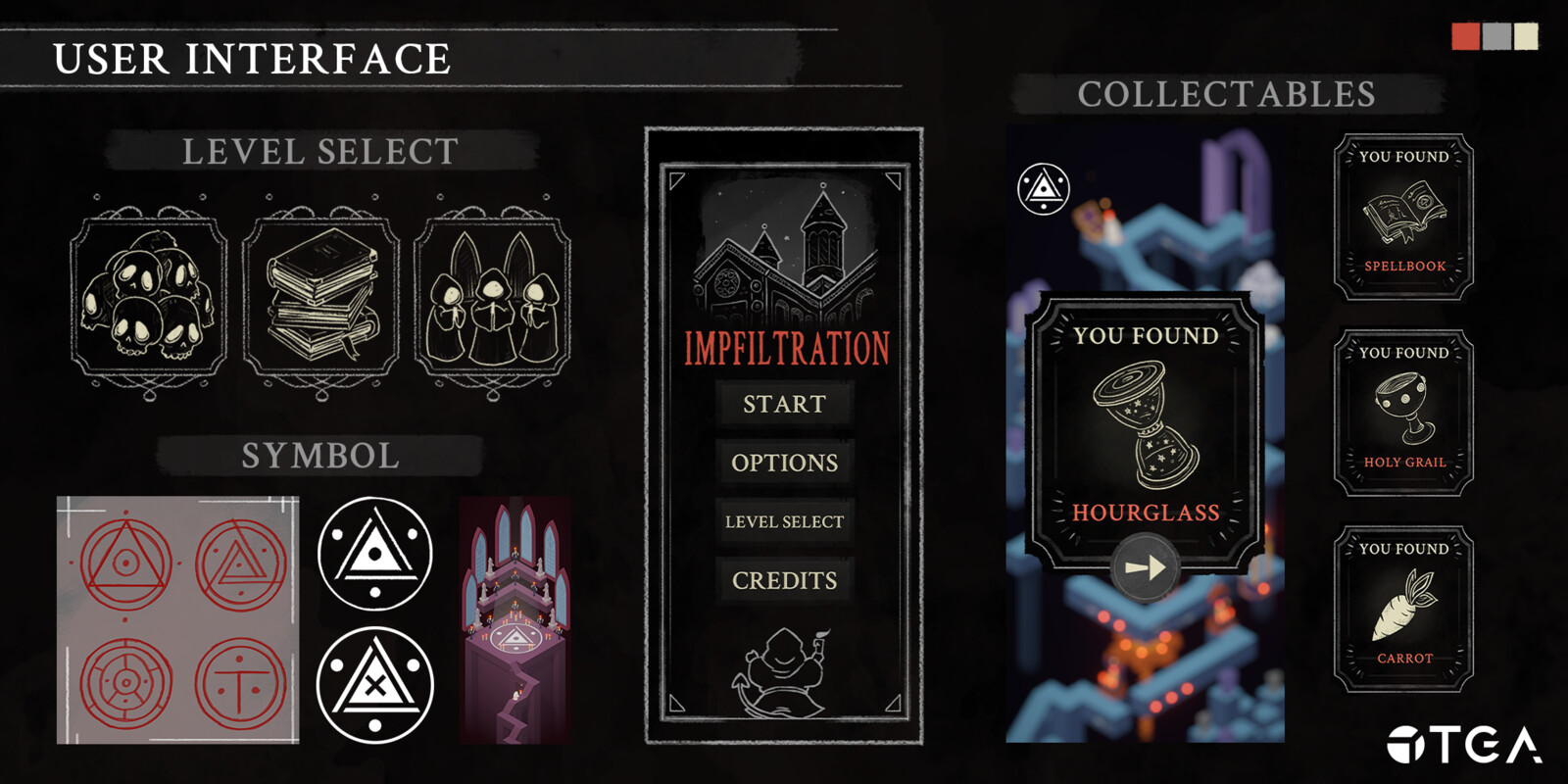 I was also responsible for the UI and created all 2d assets needed + layouts. It was important to me to create a symbol for the ritual that was appropiate, so I explored different designs based on trinity and merged the concept with the Penrose triangle.