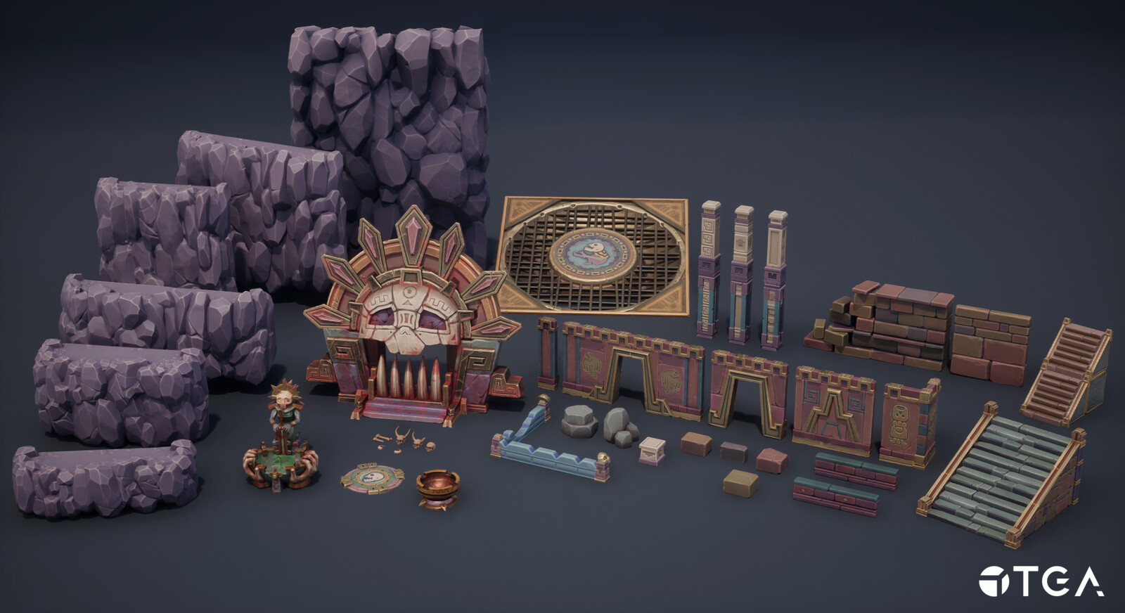 Assets that I made from scratch for the project rendered in UE5. Every asset went through the pipeline of blockout and sub-D modeling in Maya, sculpting in ZBrush, and then texturing in Substance Painter. Alphas on the wall set by Ylva Oknelid.