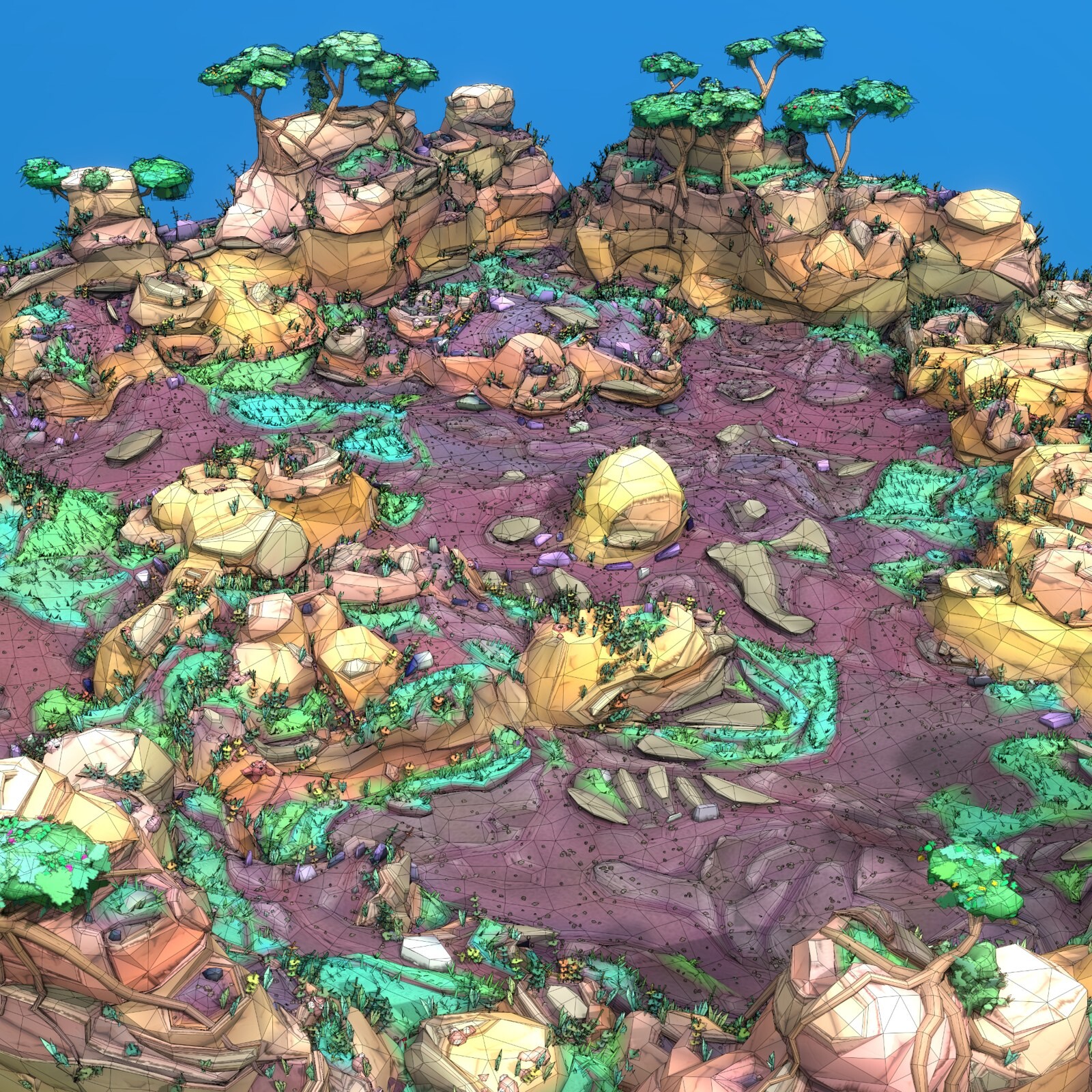 Wireframe. All the land (rock &amp; ground) is a single mesh, no holes or overlapping geo. 