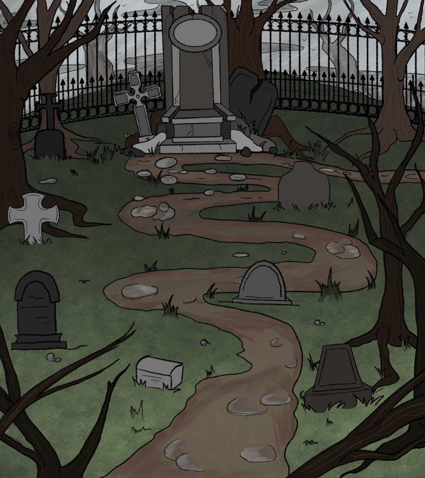 Background of a cemetery created for the game, were the characters/players would fight each other.