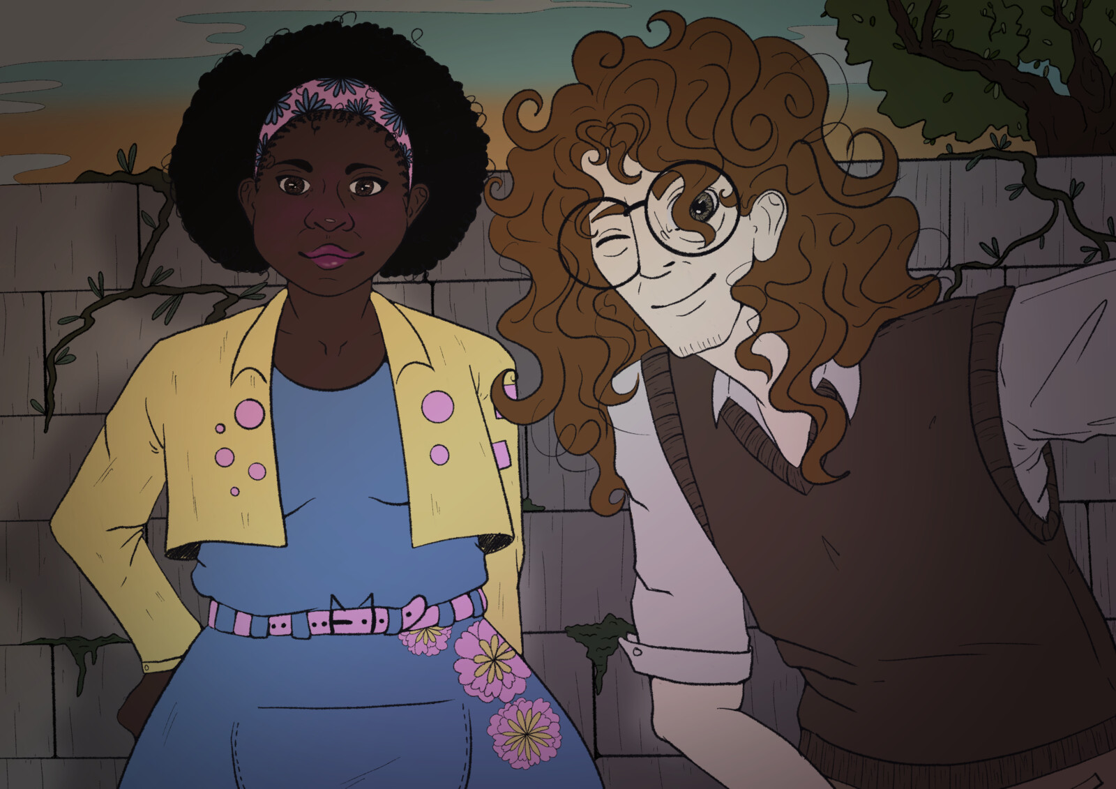 Illustration of the main character, Oizys, with a friend. This were two of the characters developed for this project.