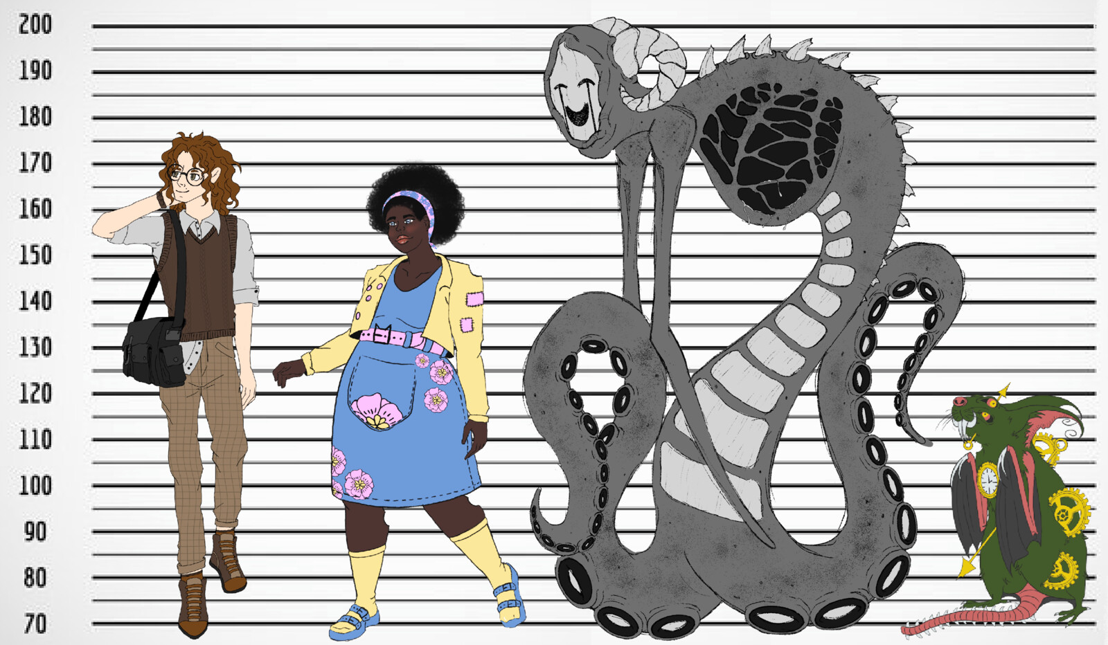 The character's and their monsters side by side