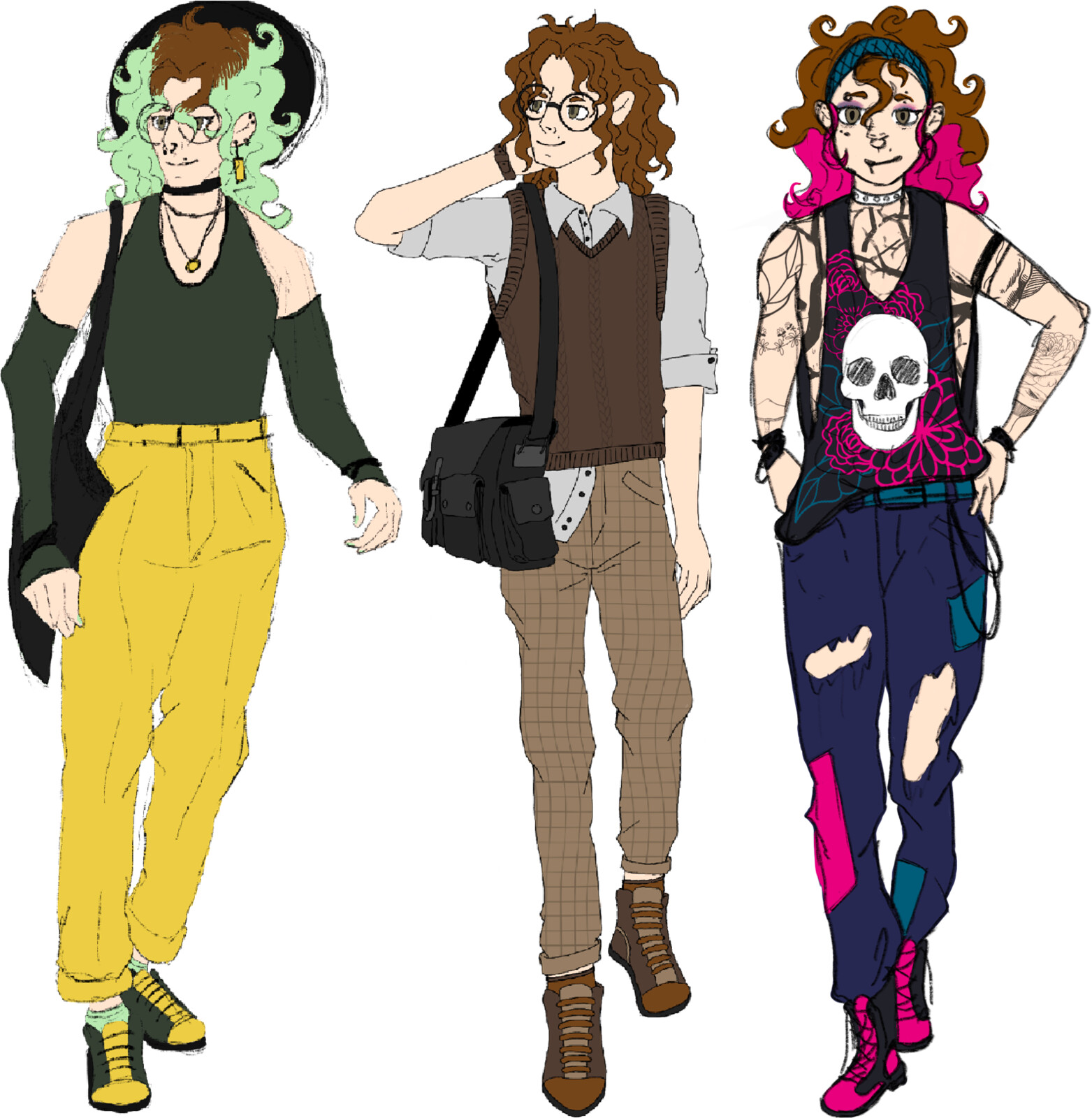 Oizys is the main character. They are finishing university and starting to enter the work environment, while dealing with some identity crises about their place in society. This characters goes through several visual changes. Here are represented three.
