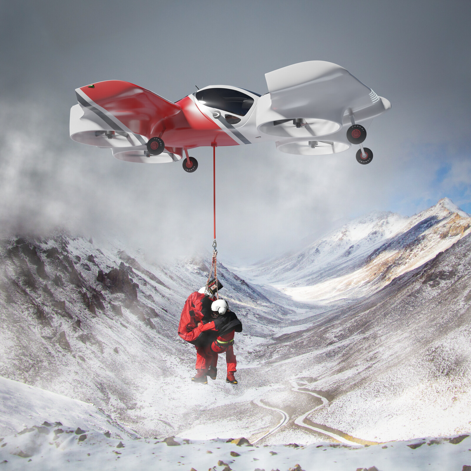 An illustration of how a mountain rescue service might use the vehicle in remote control mode. 3D vehicle comped over a photo via the use of FSpy
