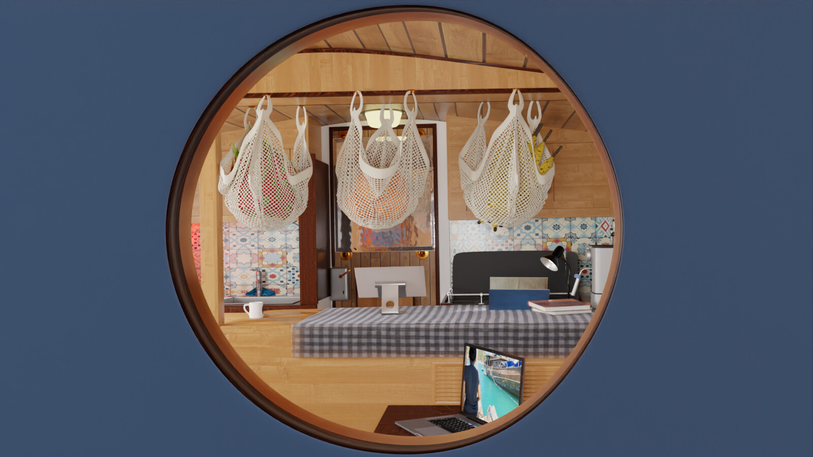 Galley interior through porthole