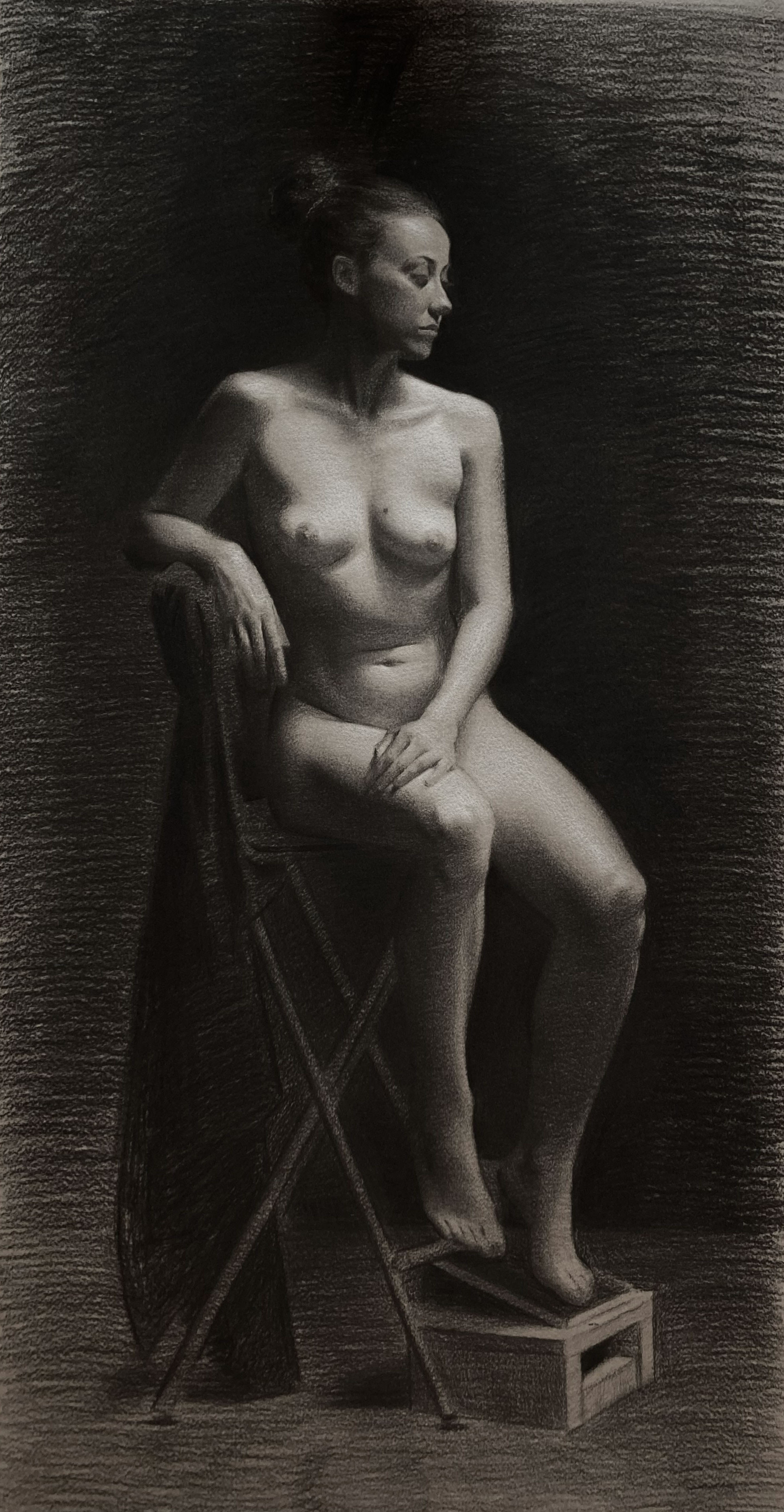 Figure drawing
Nitram charcoal and White chalk on hand toned Arches paper. 2023
