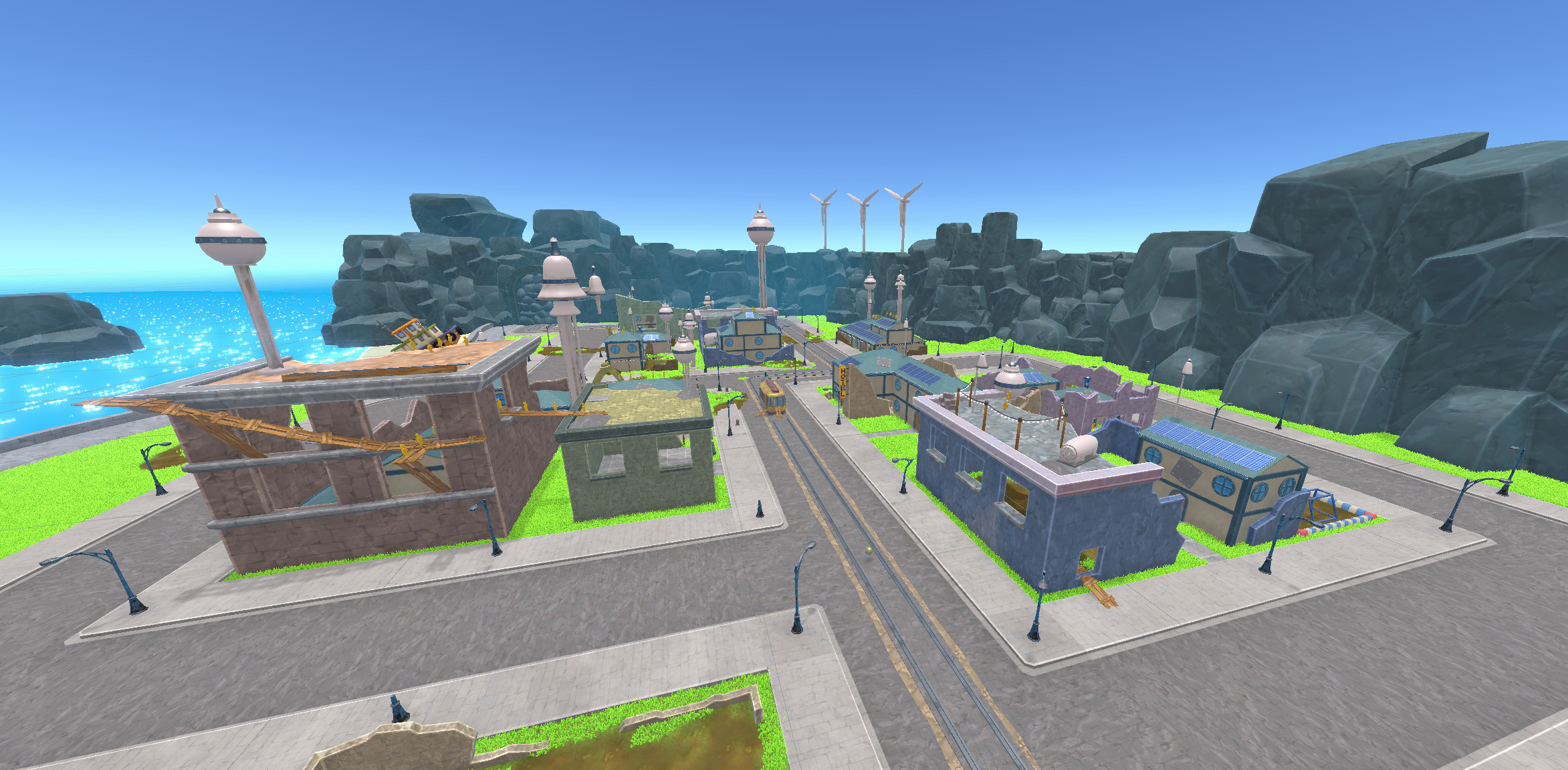 A view of Rubbletown, the first playable area of 8Bit Destroys The World. All assets were created by me from scratch.