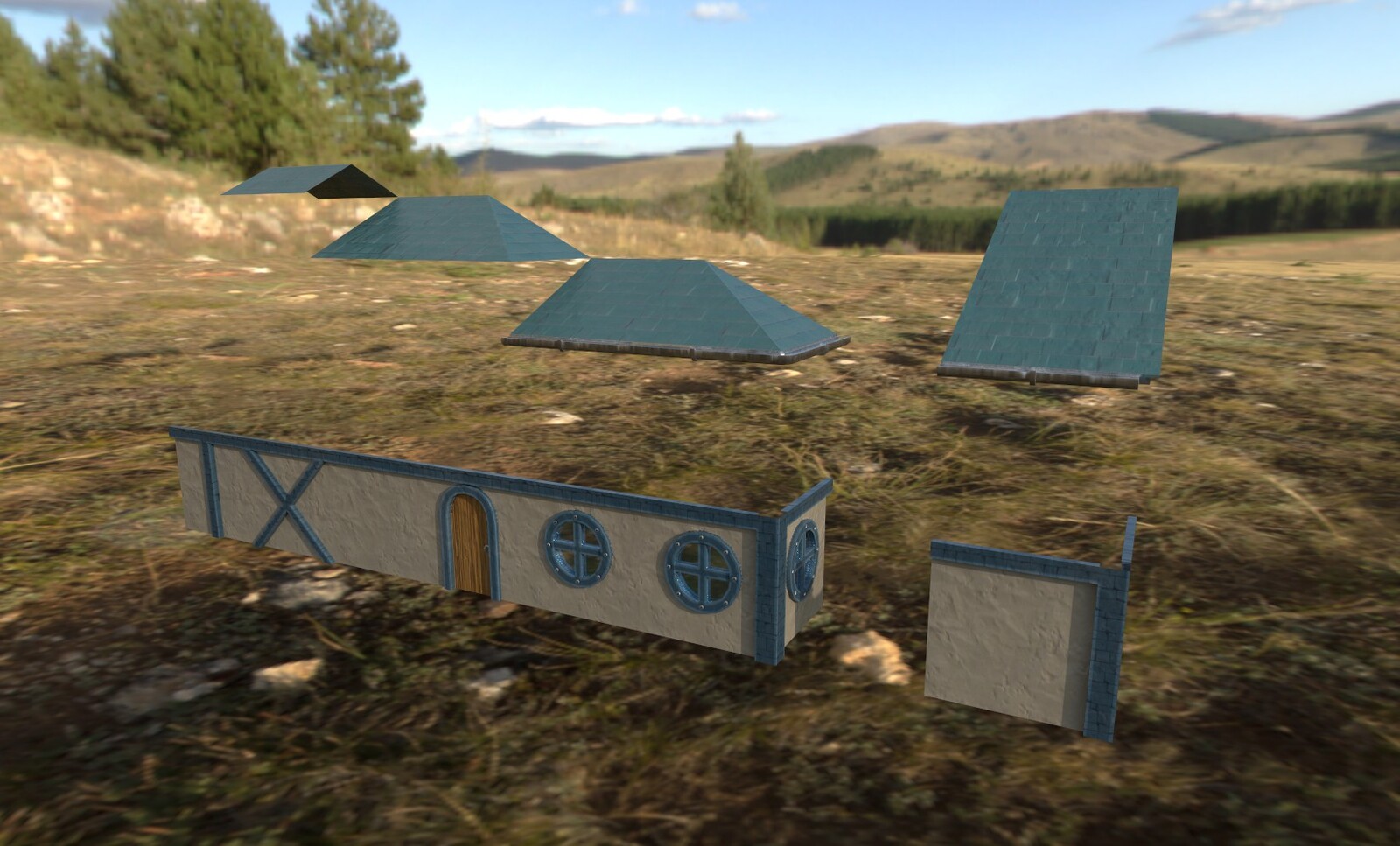 All houses were created with modularity in mind. Nearly an unlimited variation in building shape can be created with a simple few pieces. Extra props such as metal plates and chimneys add to the variation. 