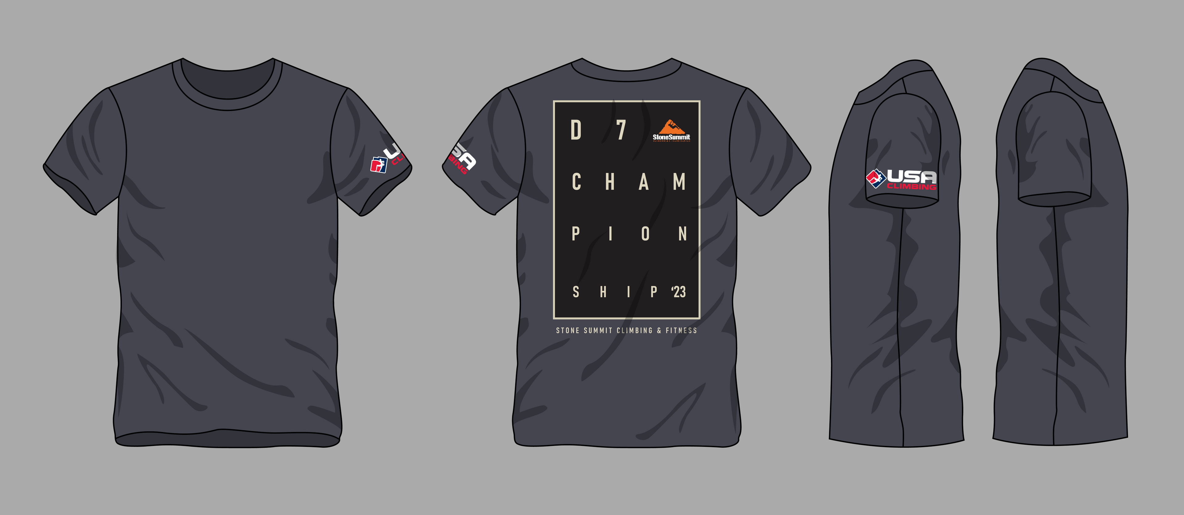 2023 T-shirt design for USA Climbing's Division 7 Divisionals climbing competition hosted at Stone Summit Kennesaw.