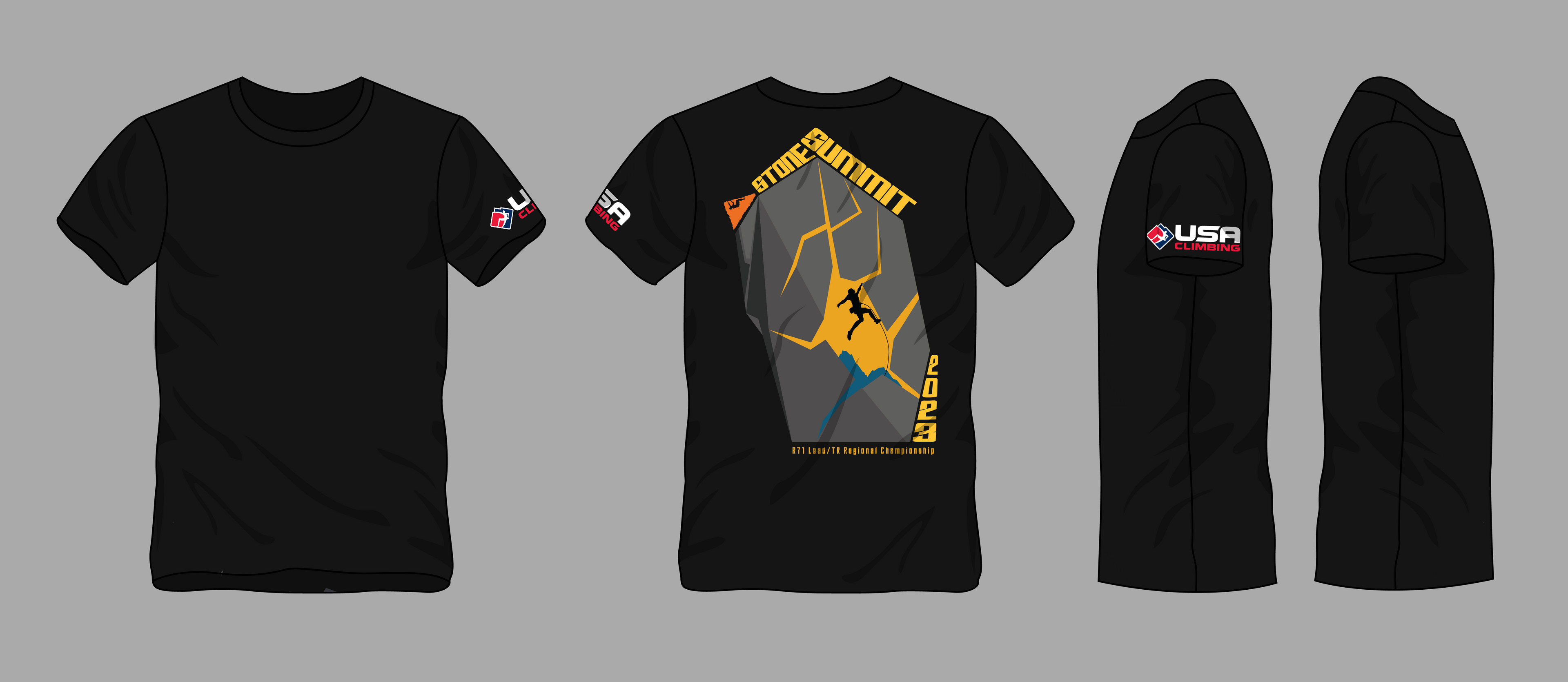 2023 T-shirt design for USA Climbing's Region 71 Regionals climbing competition hosted at Stone Summit.