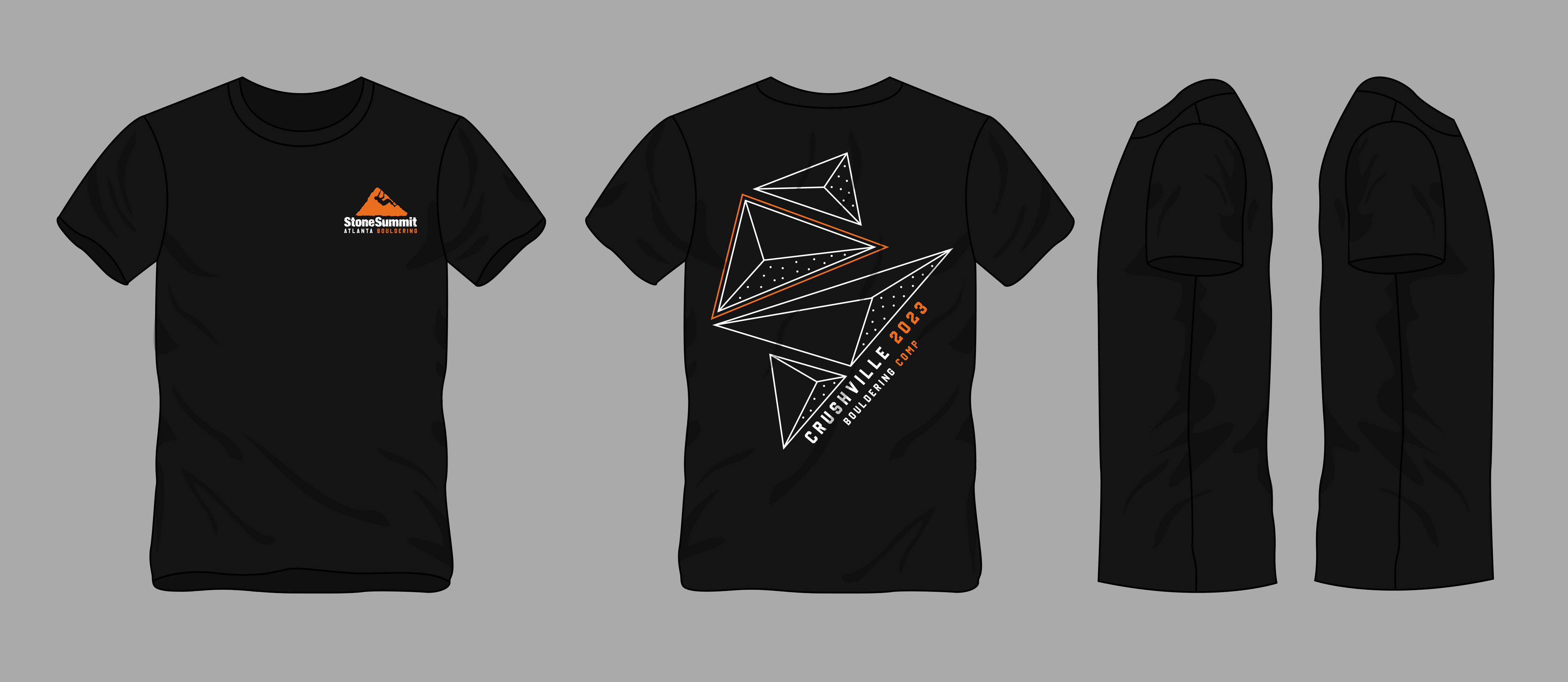 2023 T-shirt design for Stone Summit Climbing and Fitness Center's annual Crushville  bouldering competition.