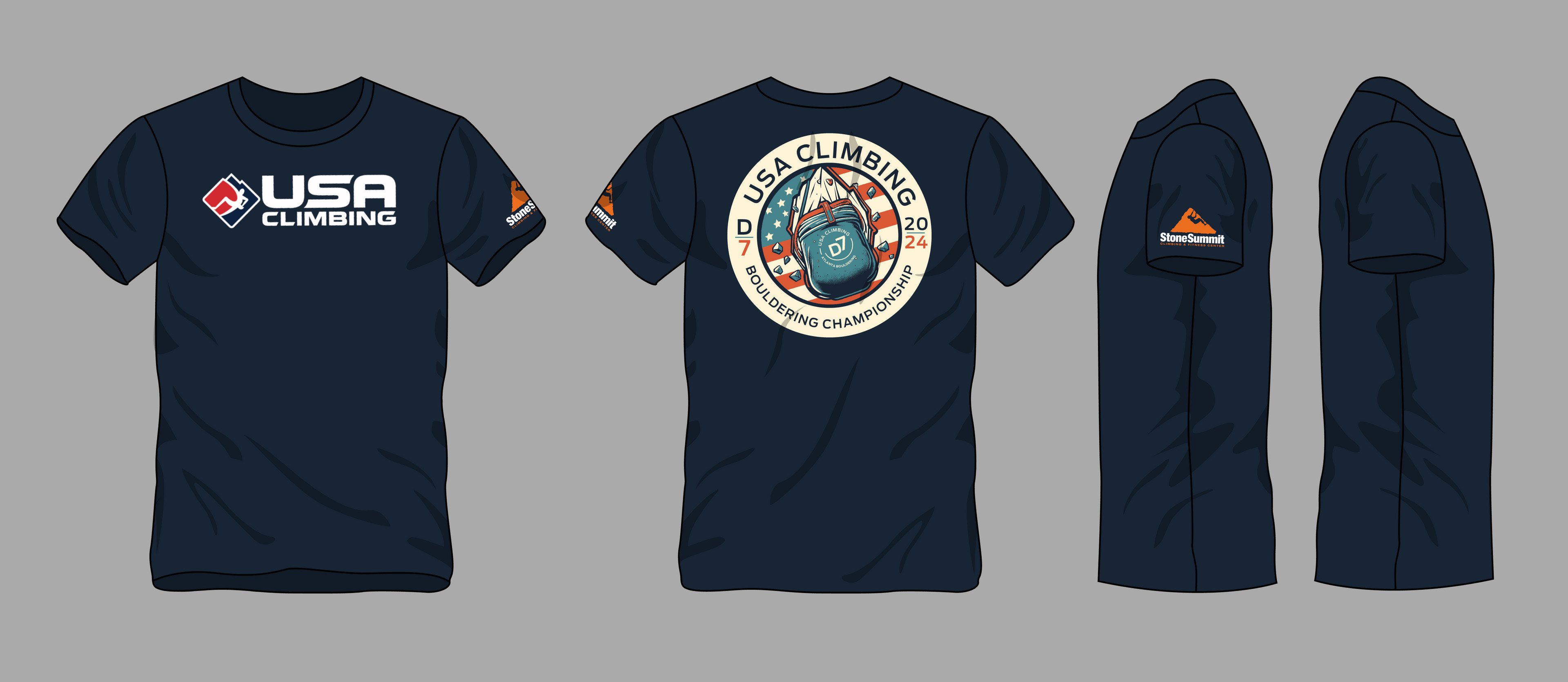 2024 T-shirt design for USA Climbing's Division 7 Divisionals climbing competition hosted at Stone Summit Atlanta Bouldering.