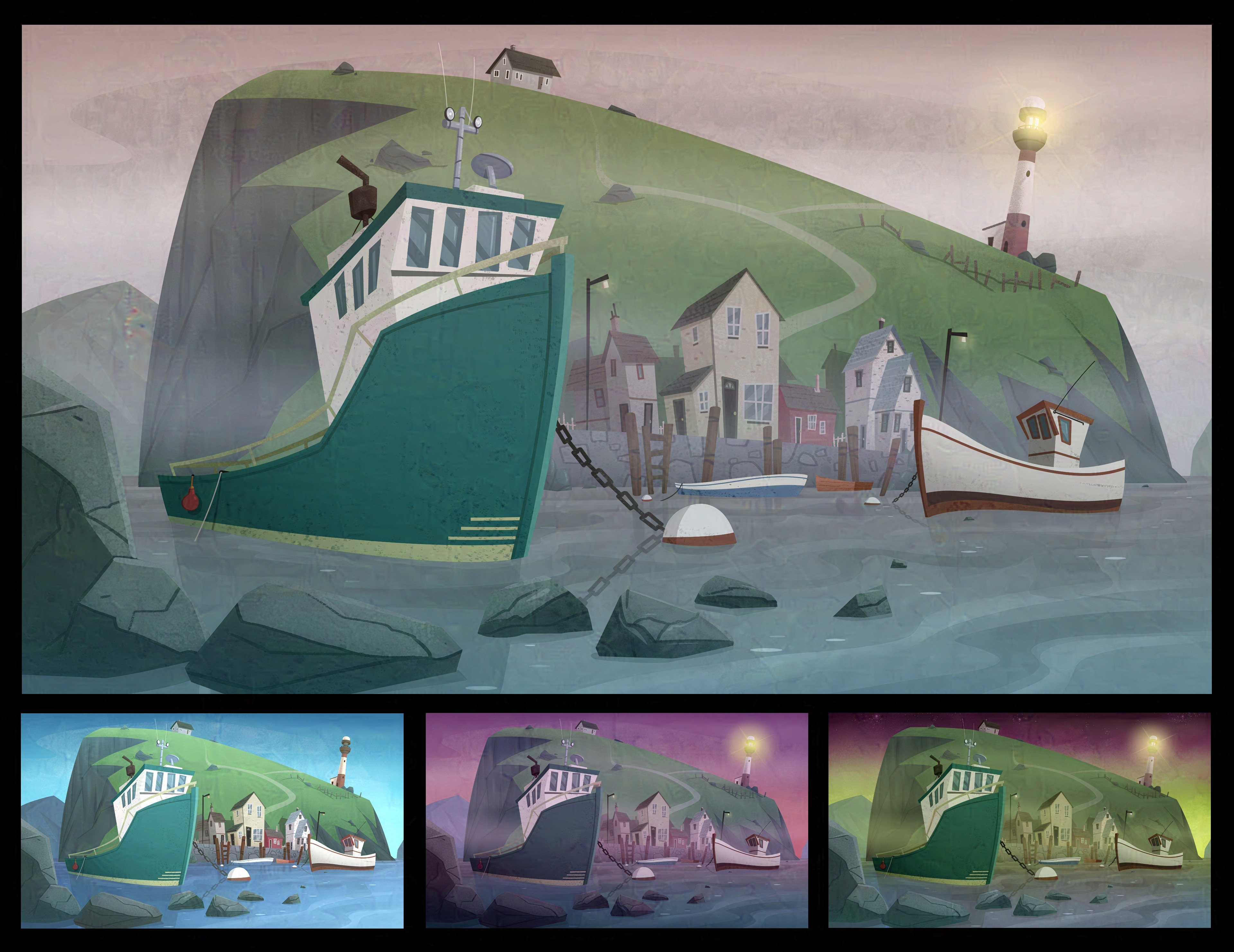 Foggy Fishing Village
(With color variants for daytime, sunset, and Aurora Borealis lighting)