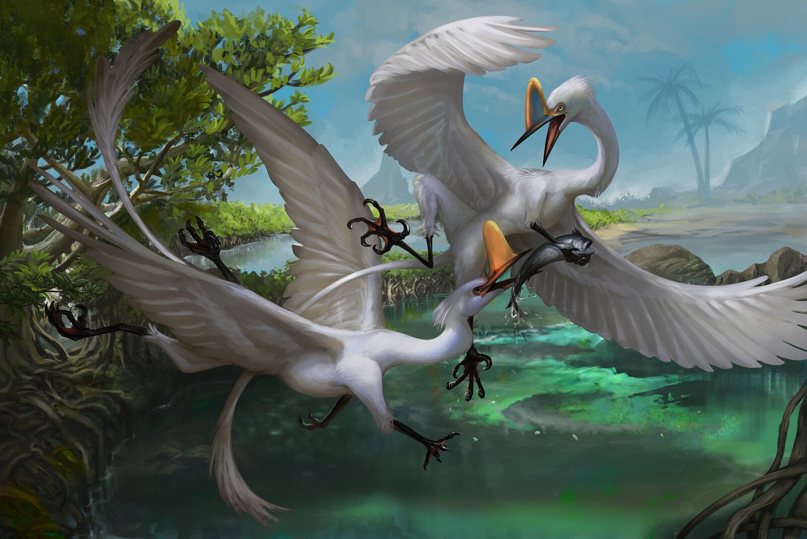 Male and female gryphon fight over a fish