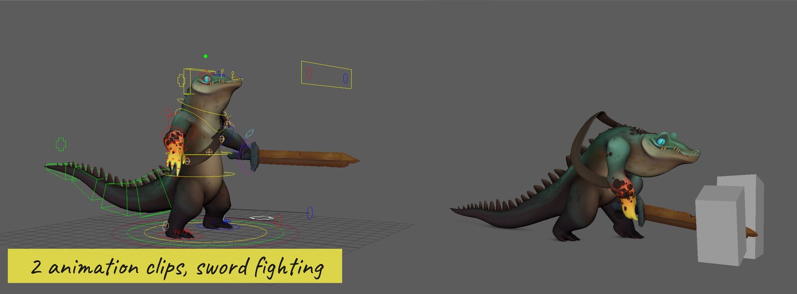Croco Warrior, 2 shots, 3D animation sword fighting