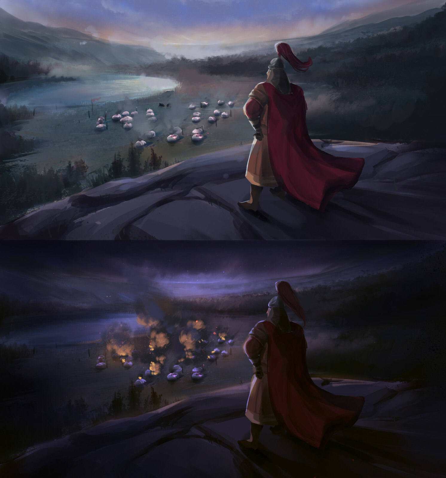 Kicking things off, in order to make the cutscene at this angle where Jakip and Manas met after village attack, I worked this angle from the concept art from @Dom Bayarsaikhan