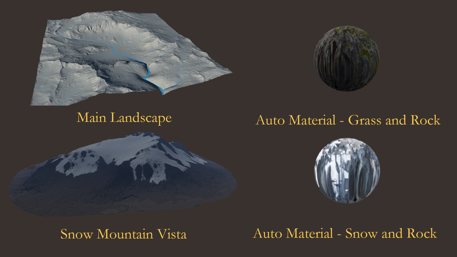 To reach the effect of having a closer playable area and a vista farther away, I chose to have Main Landscape as the playable region, and Snow Mountain Vistas as nanite mesh to optimize performance. 