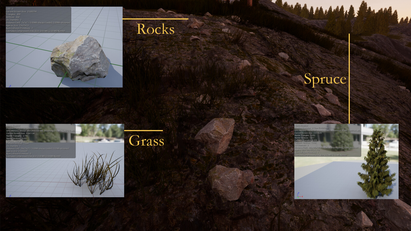 Similarly, grass and rocks are directly spawned on top, with spruces handpainted by our level designers to guide players.