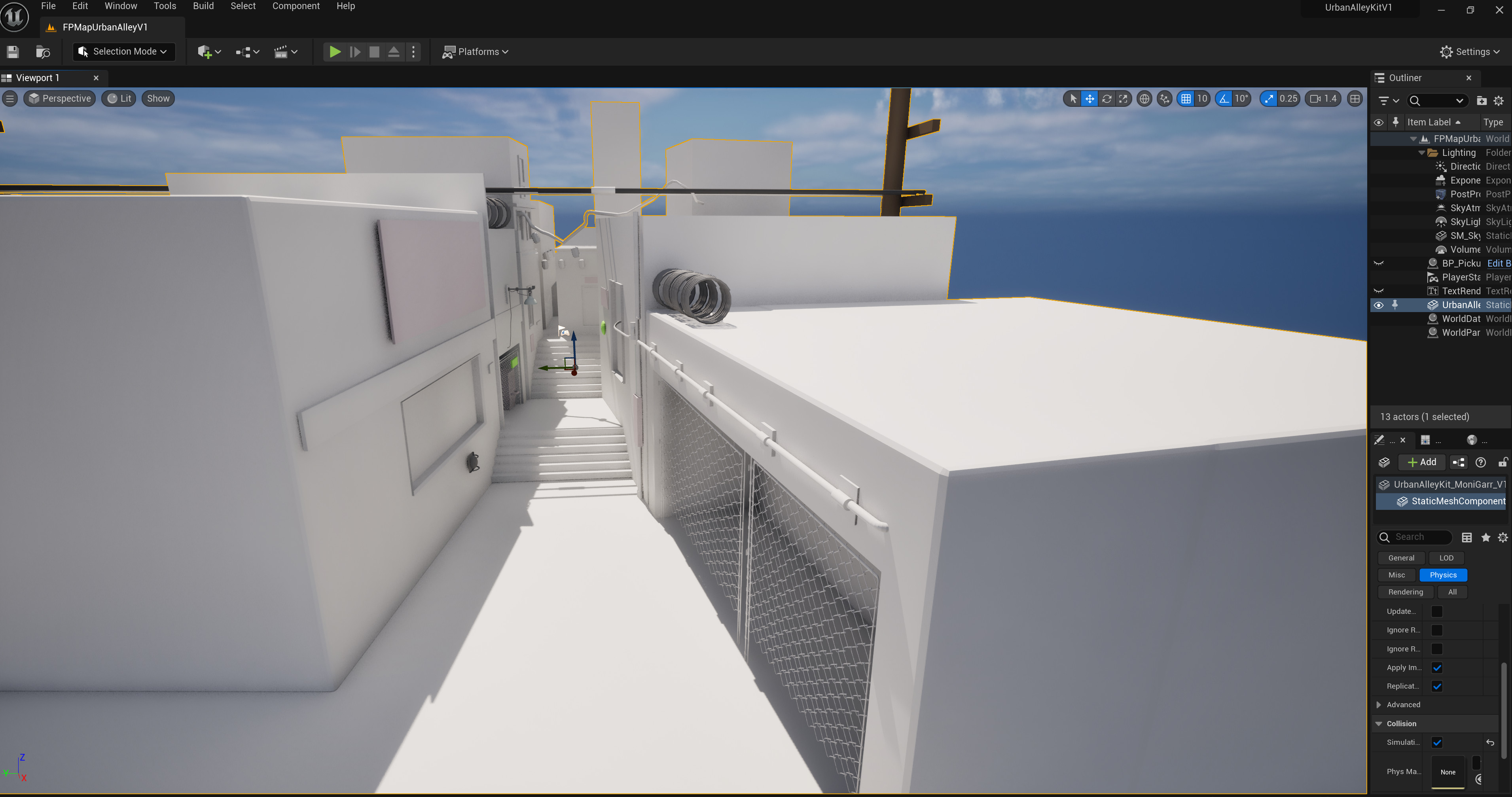 UnReal Engine 5 view of MoniGarr’s 3D Hard Surface Modeling - Urban Alley Environment inspired by Michel Voogt’s illustration "KZ2 Helghan alley"