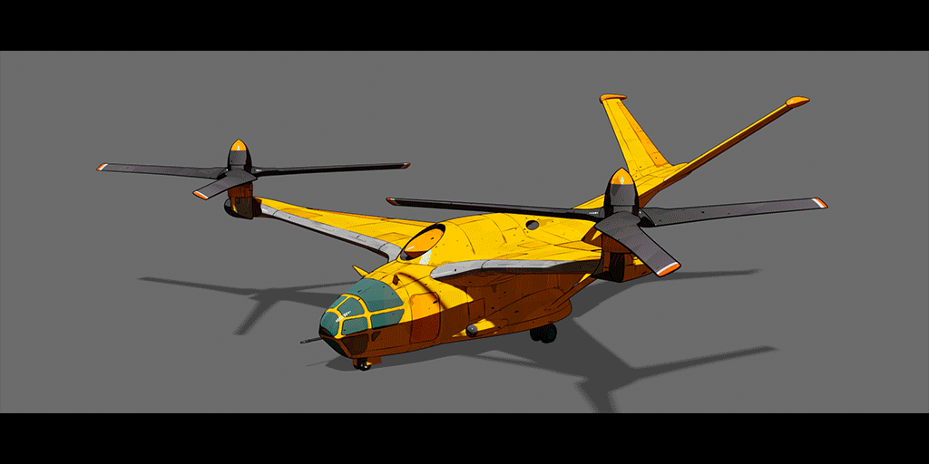 I had a lot of fun designing this little plane. Lots of inspiration from Osprey, Valor, but also Grognard for engine placement and so on. Alt 50s tech - single big radial engine mounted on top of the fuselage,  driving the tilting props. Cargo/utility.