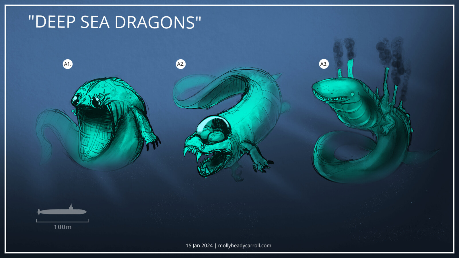 Deep Sea Dragon Creature Concept Sketches (1/2)