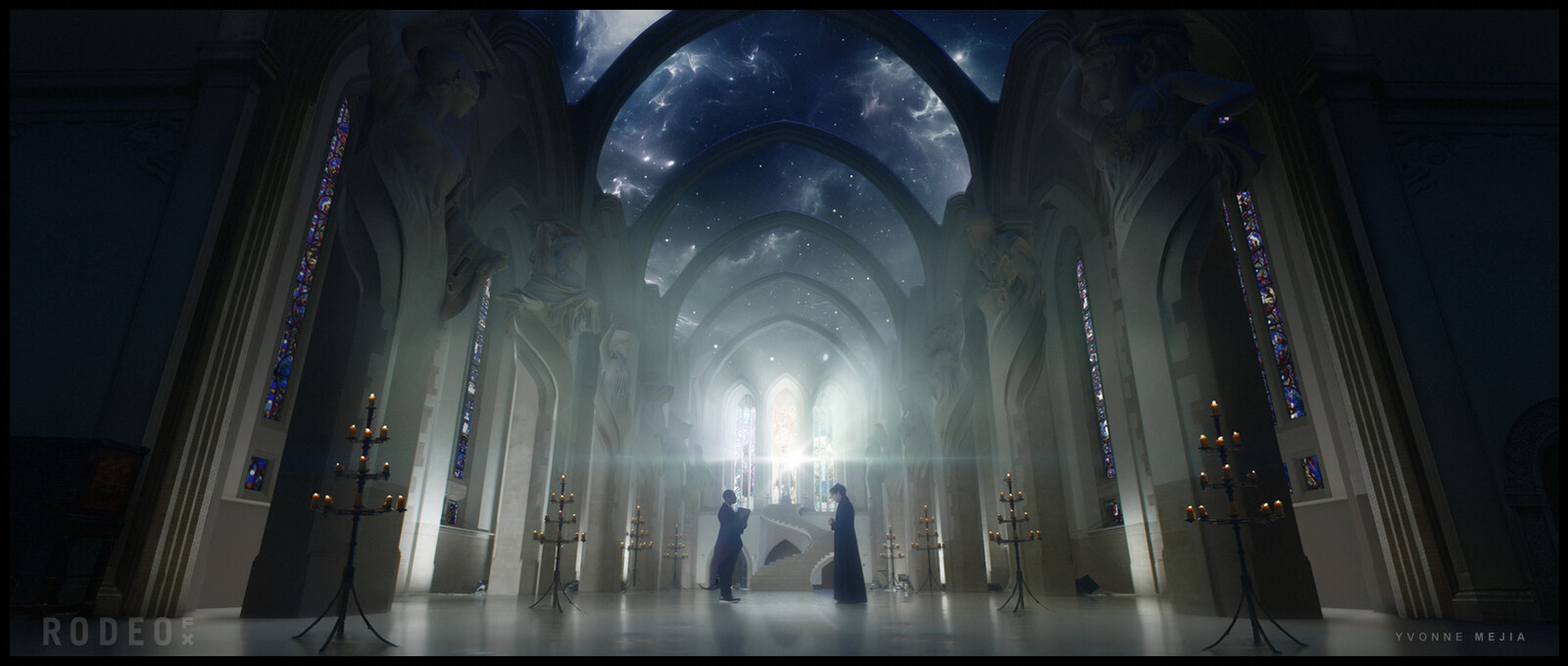 Post-prod concept over plate. Modifications to church and cosmic sky added above.