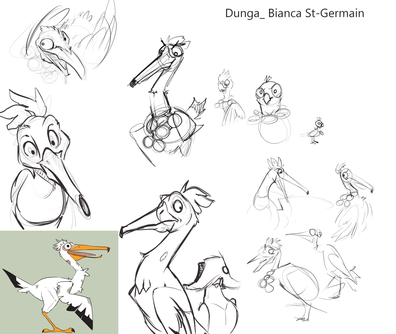 Dunga a eu plusieurs itérations, dont celle d'un pigeon et d'une corneille. Il est devenu un pélican finalement. Le trait particulier qui est resté est l'attache en plastique autour de son cou, pour souligner sa passion pour les déchets. 
