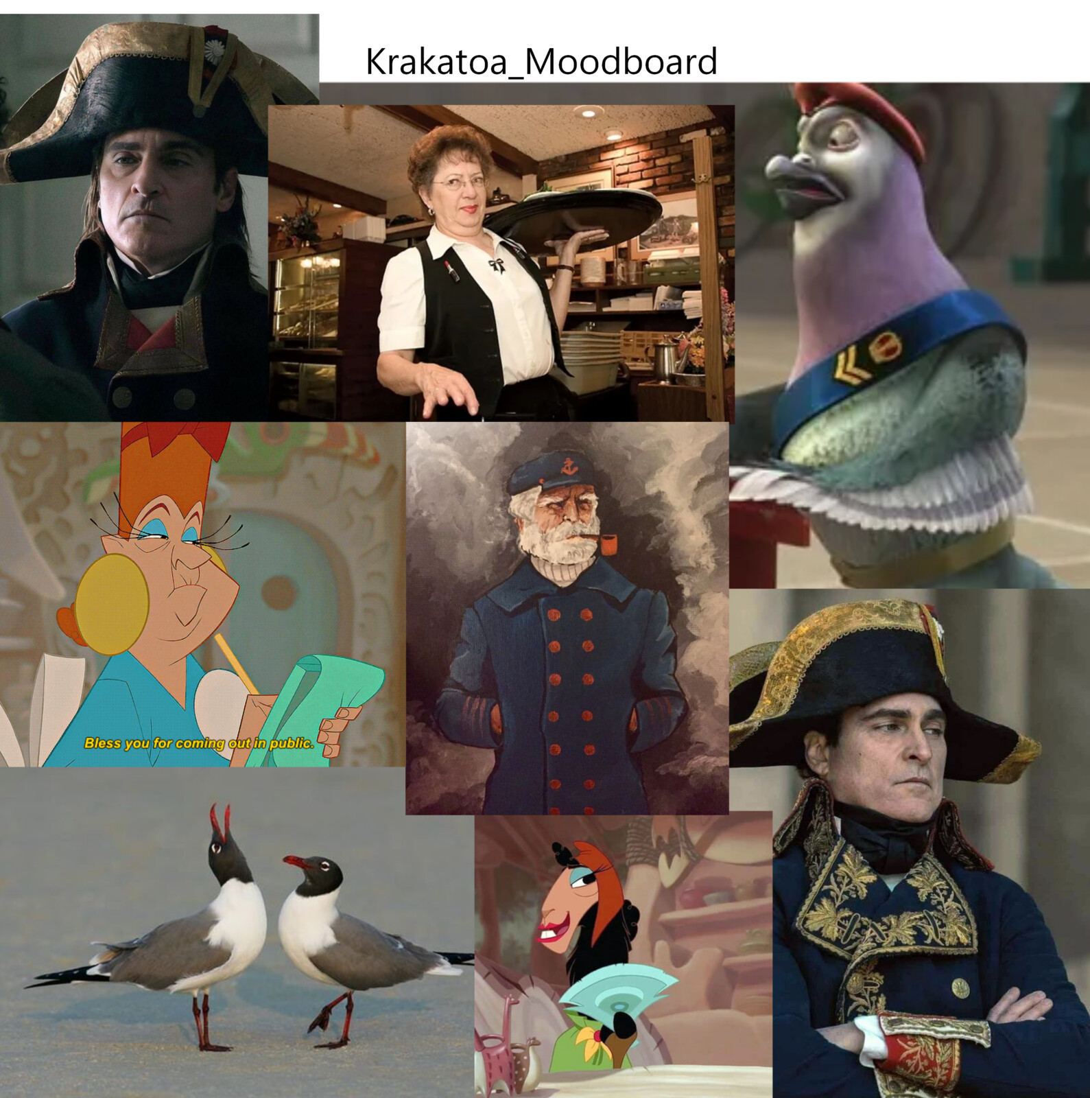 Voici le Moodboard de Krakatoa, La Grande Maîtresse du Cri. Elle a l'allure d'un Capitaine ou Général vétéran. 