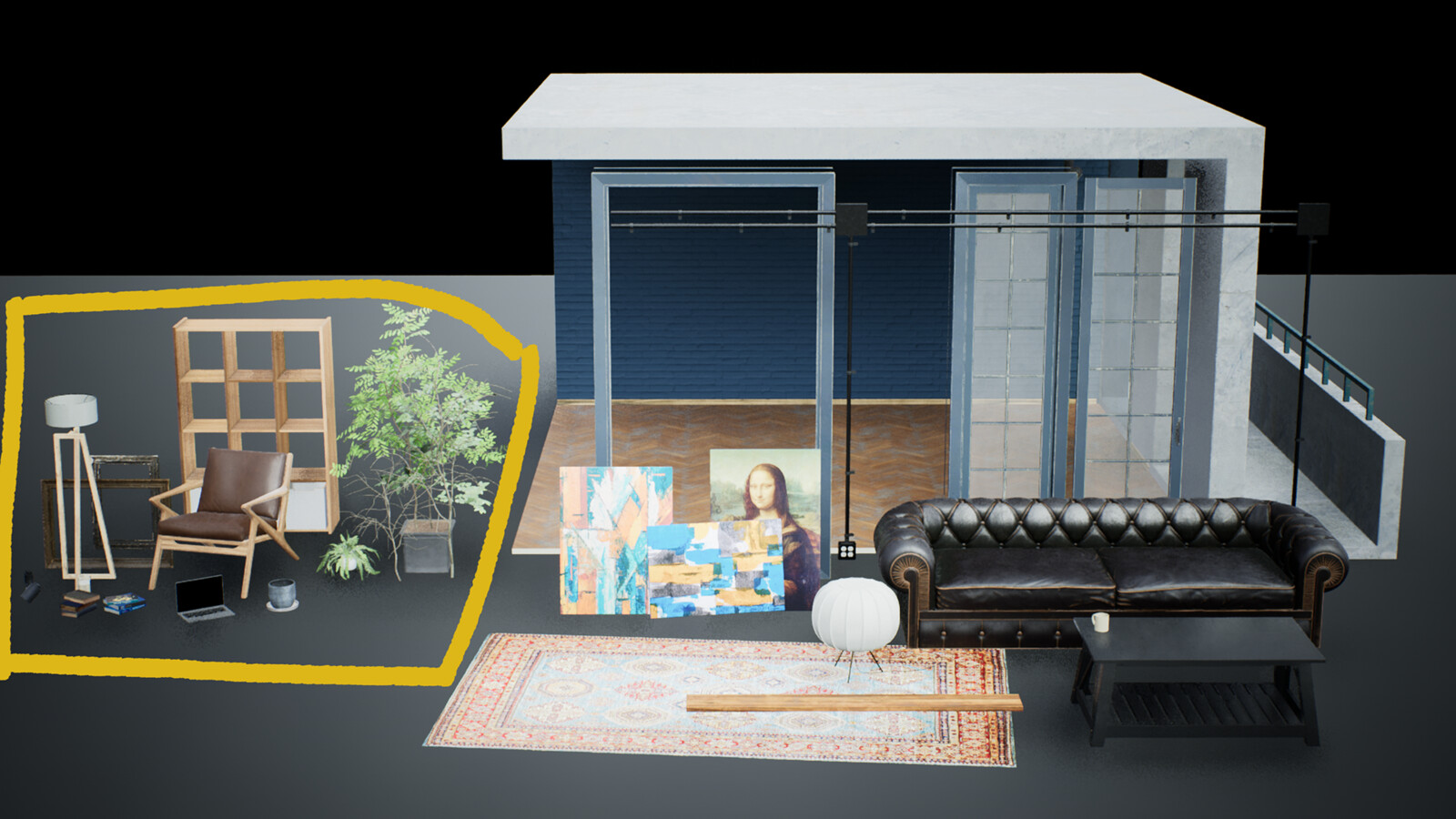 All the 3D models out of the orange area were modeled by myself. The 3D modeling was done in 3ds Max, and the texturing was completed in UE5. As for the sofa you see here, it was also sculpted for wrinkles in ZBrush and textured using Substance Painter.