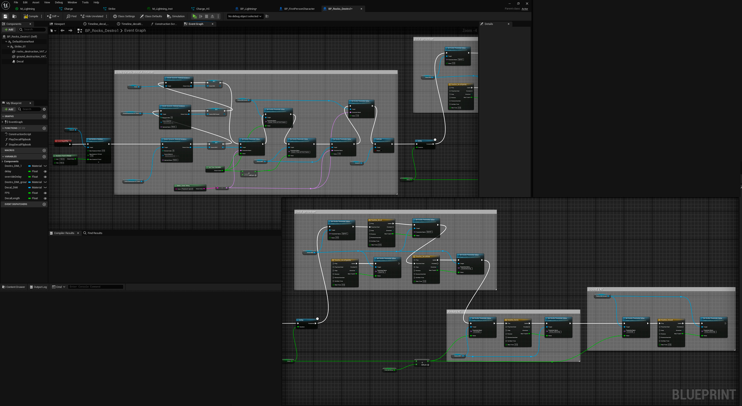 Unreal Blueprint vertex animation material timing control with dynamic material instancing and animation nodes.