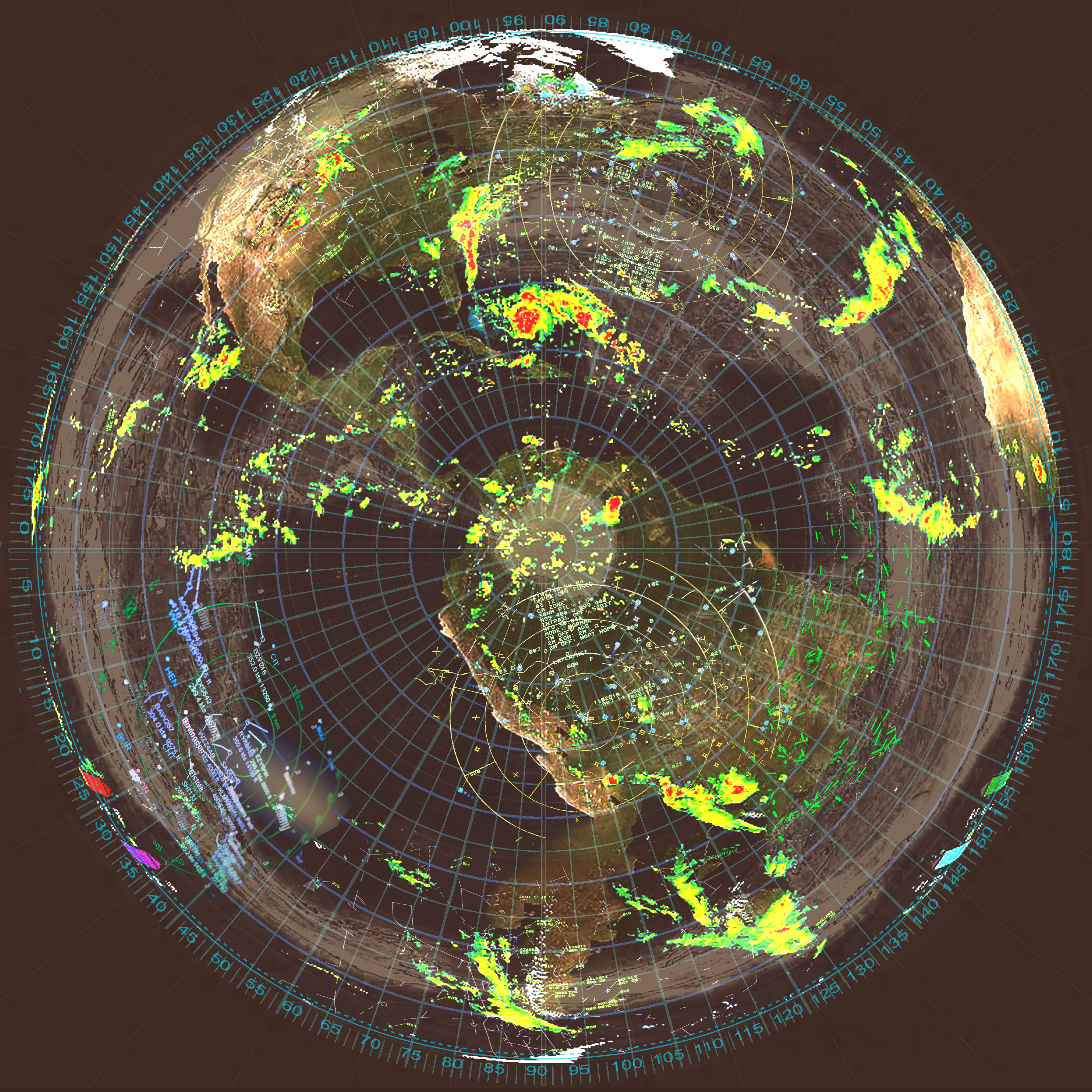 the dome display UI. I composed air-traffic control elements with global precipitation dada downloaded from NASA to get this look