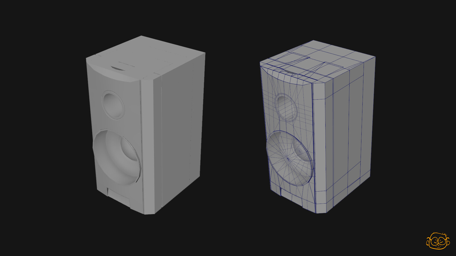 Current lowpoly of the speaker. The mesh is separated oddly because of some baking issues I had, the final version will be combined properly. 