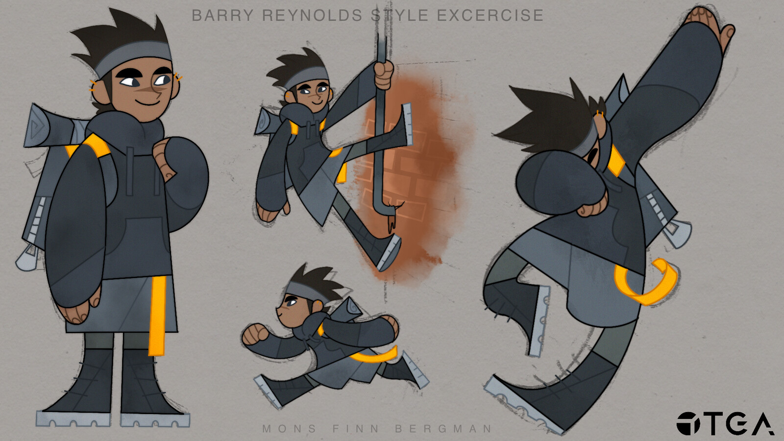 A character I designed in the style of Barry Reynolds, for a school assignment. I wanted to create a parkour kid, with a techwear fashion aesthetic. 