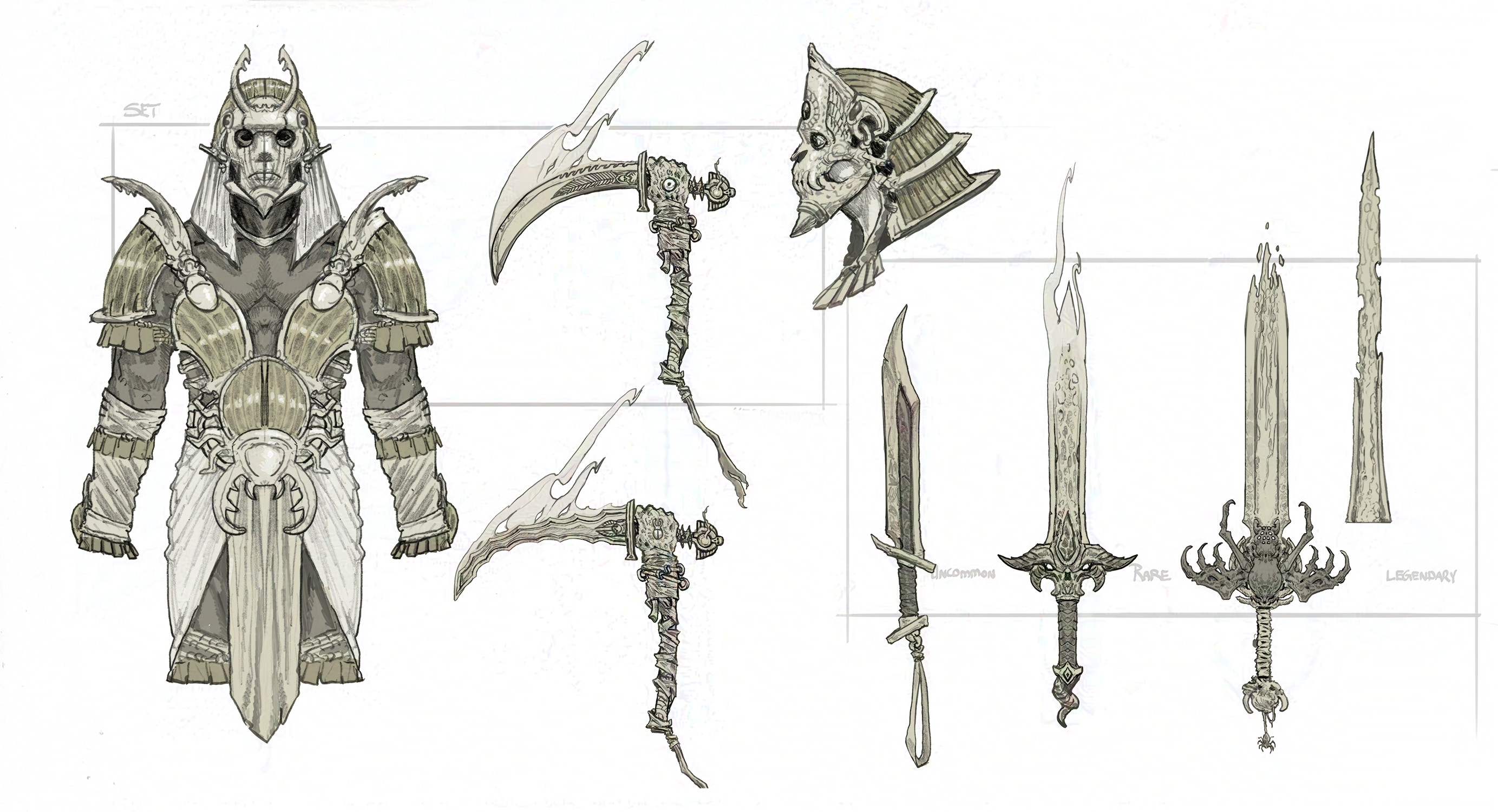 The desert-kin weapon armor and weapon sets. My friend Nick De Spain had a sick idea for a cursed blade with a hand attached to it that was adapted into a sickle-like weapon.