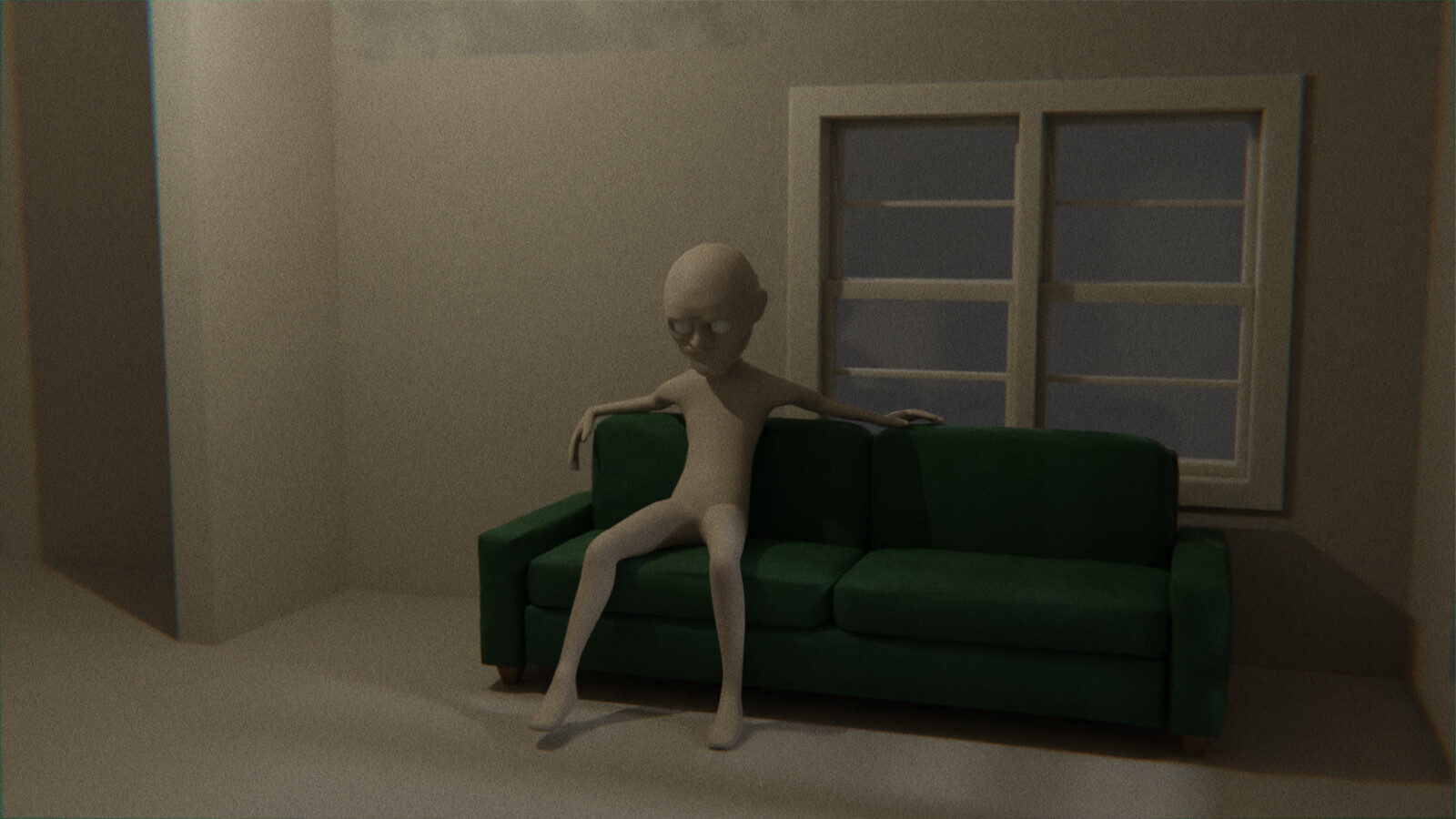 The Couch - This was a test for sizing and placement. The couch was made from cubes, subdivided, and creases were sculpted. I couldn't quite manage to get the physics to work properly to show a weighted indentation from the character.