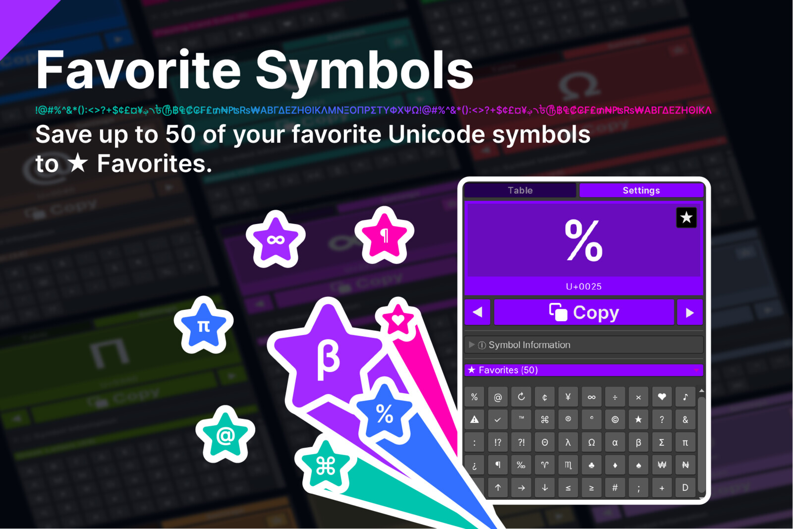 Favorite Symbols: Save up to 50 of your favorite Unicode symbols to Favorites.