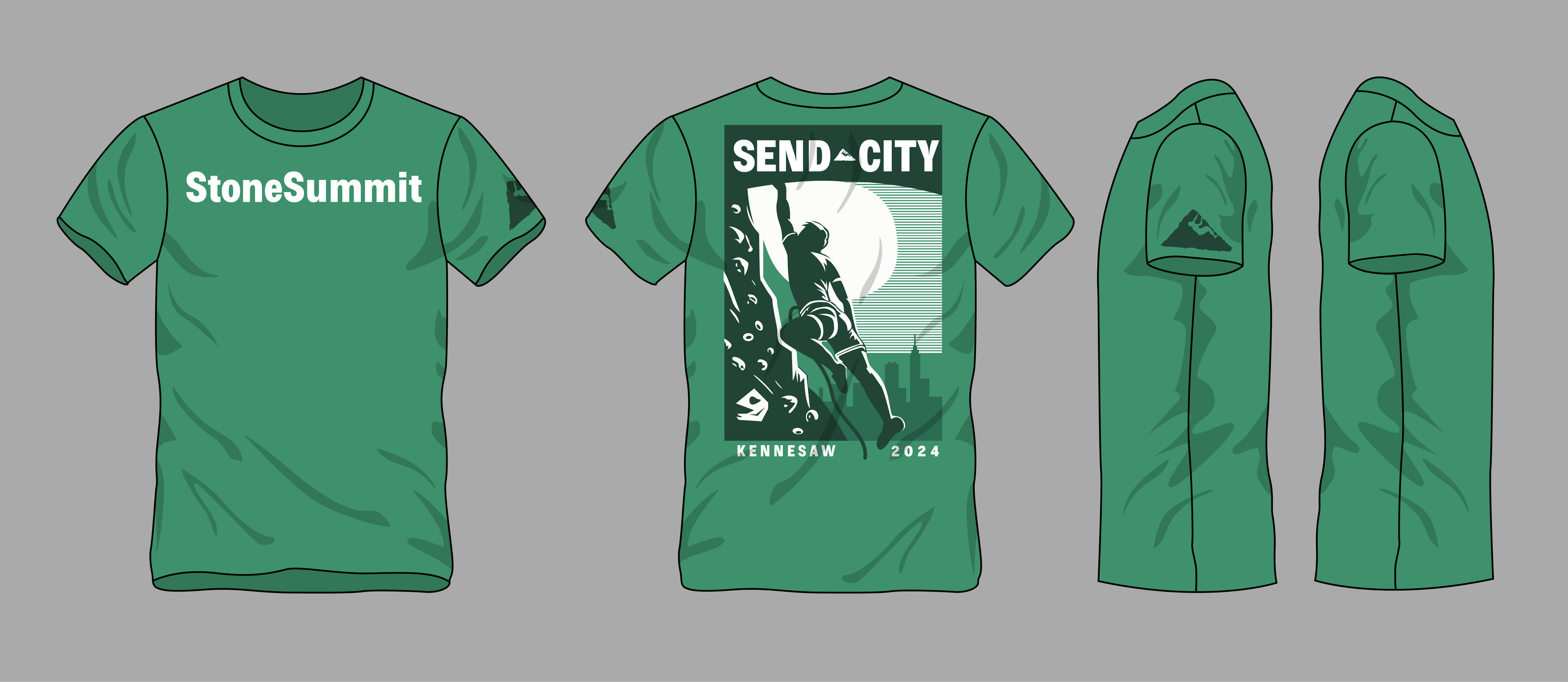 *Unused* 2024 T-shirt concept for Stone Summit Climbing and Fitness Center's annual Send City sport climbing competition.