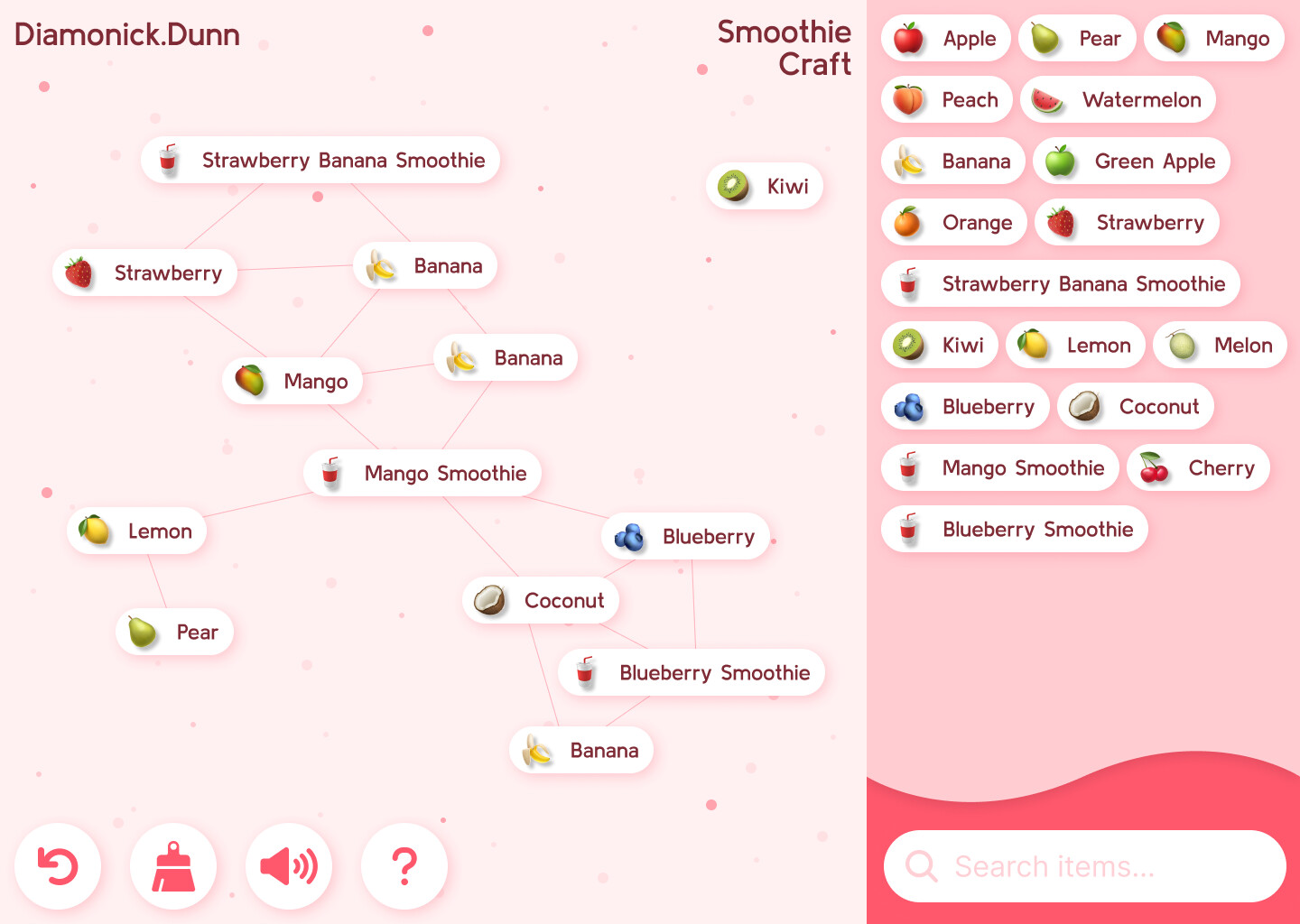 Smoothie Craft Mockup 1

This mockup contains all UI elements. Here's the following UI elements below:
• Project Name
• UI Designer Name
• Interactive Buttons
• Fruit Tags (Board &amp; Side Panel)
• Search Bar