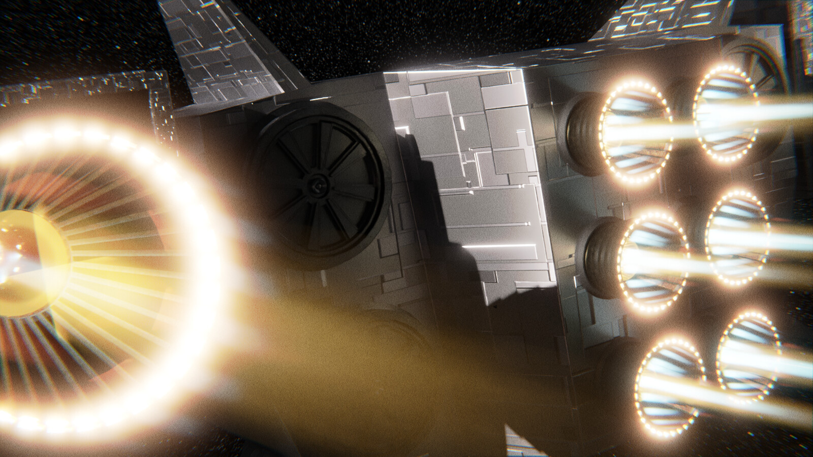 The 6 small engines are built-in to the body of the ship. The large engines on either side can be de-coupled and removed. 