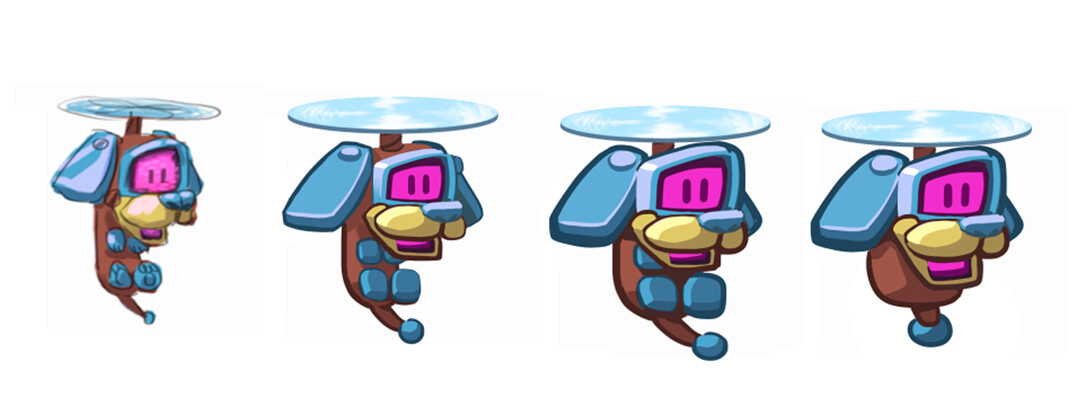 From very early, Mikko K suggested a great idea: two versions of each pet. One, a simple, gameplay version with minimal detail. And another bigger, more detailed version for the loadout screen. Taking the robot dog as an example of how simple we could go.