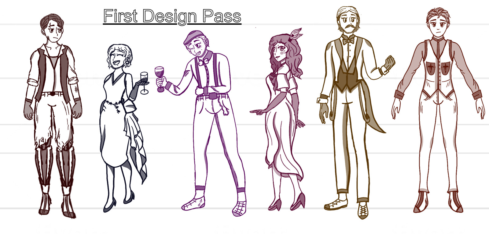 First Design Pass- I decided to make them be in different poses for this pass in order to better show their personalities.