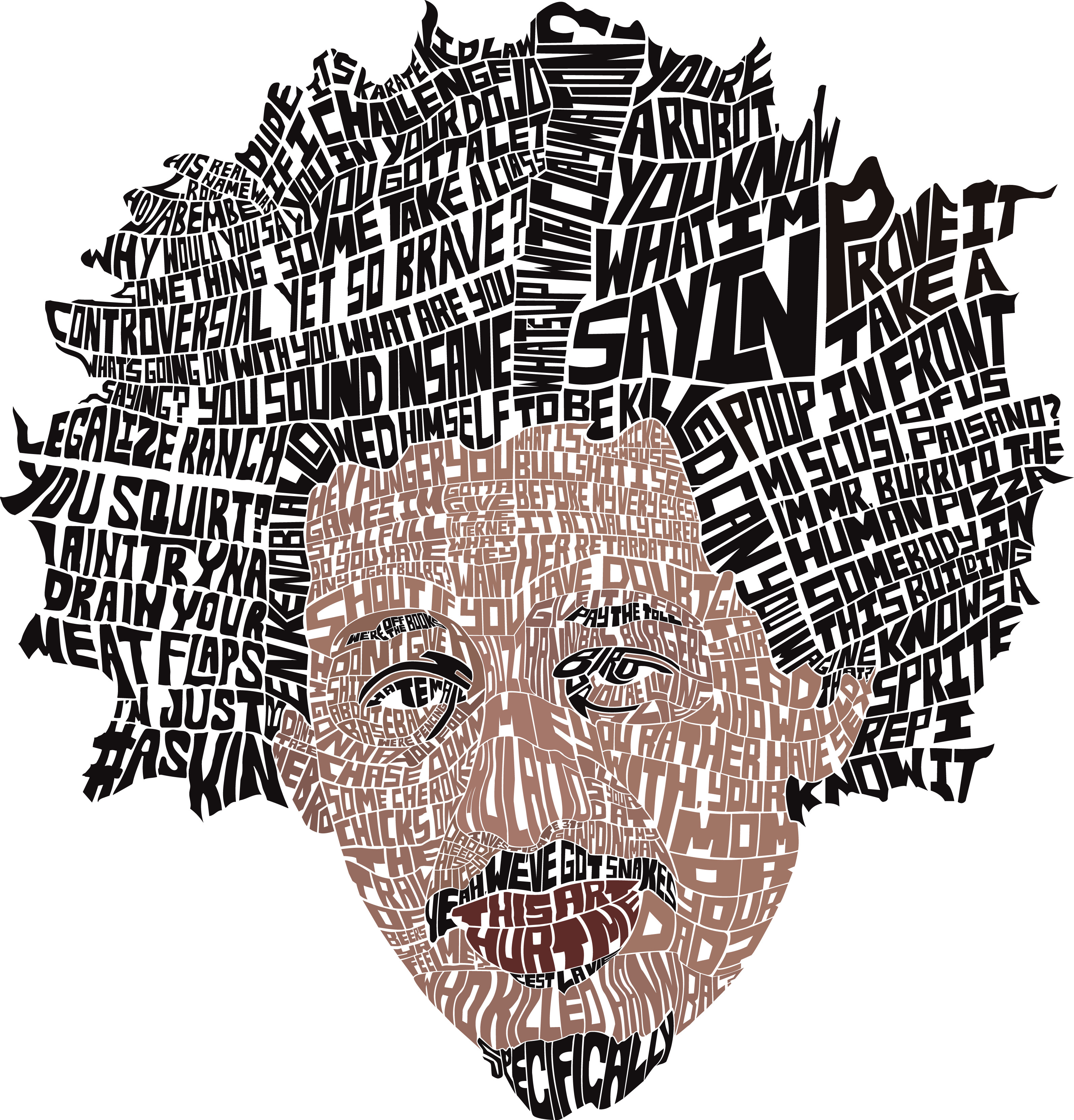 2018 - Eric Andre Typographic Portrait - This portrait is made up of quotes, nearly all of which are from The Eric Andre Show. I love typographic portraits but they are time consuming.