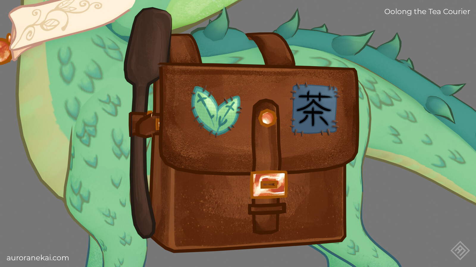 Close-up of one of the bags, decorated with a patch of the 'Tealeaf Top-Up' company logo and a patch with the kanji for tea on it.