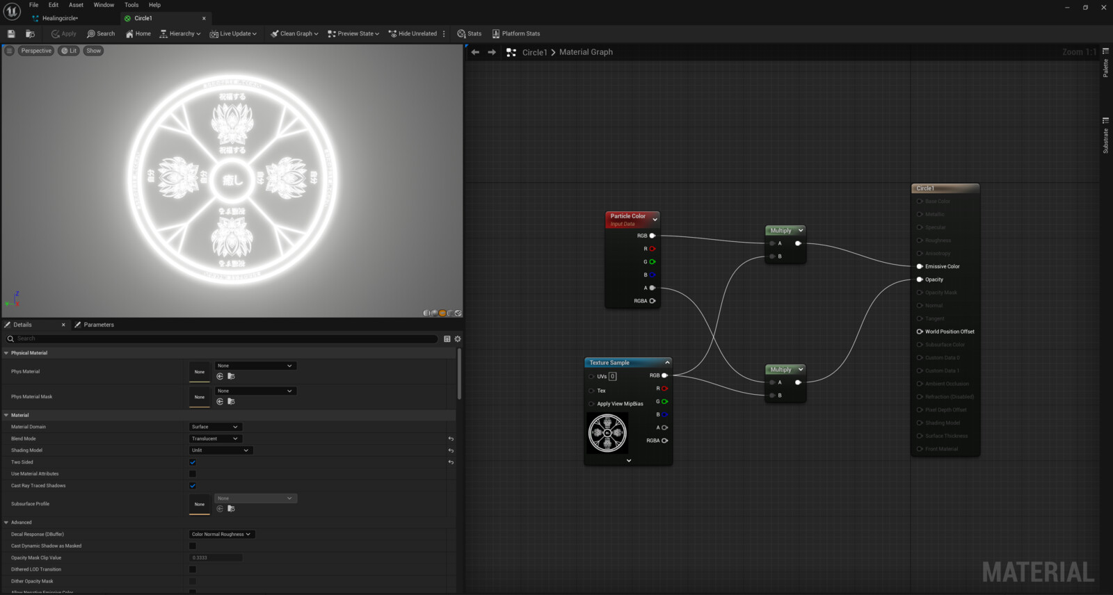 Magic circle made by using photoshop and image being used to make it into a material in unreal engine