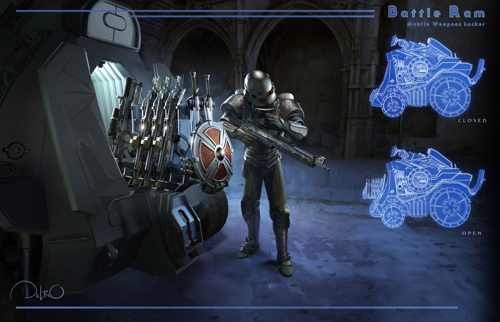 BATTLE RAM - Another aspect of the Battle Ram I wanted to play up is that it would also be a mobile armory. So it can open up and store canons, swords and shields and whatnot. You can see the classic shield very prominently in this image.